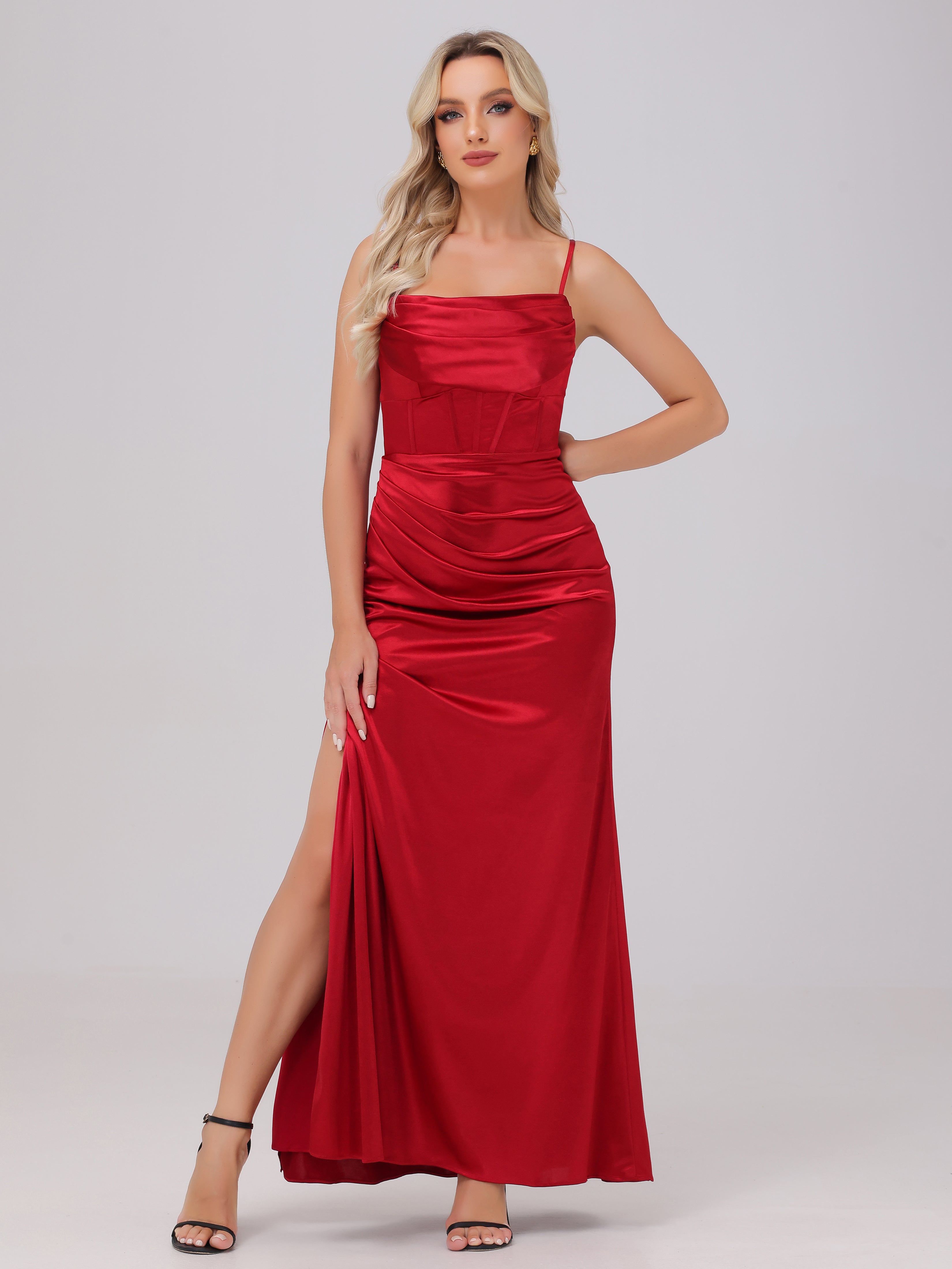 Spaghetti Straps Ruched Floor Length Stretch Satin Bridesmaid Dresses