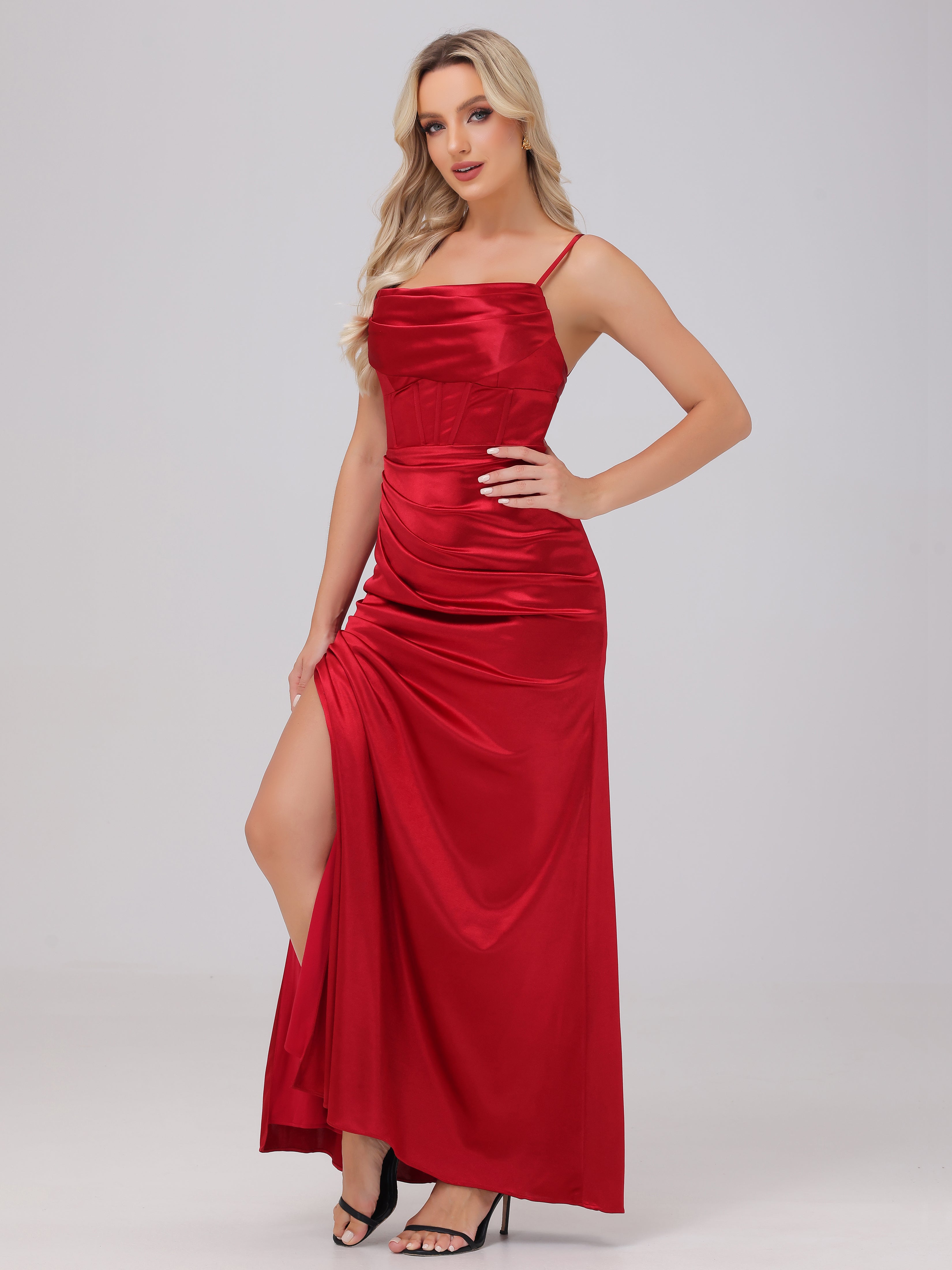 Spaghetti Straps Ruched Floor Length Stretch Satin Bridesmaid Dresses