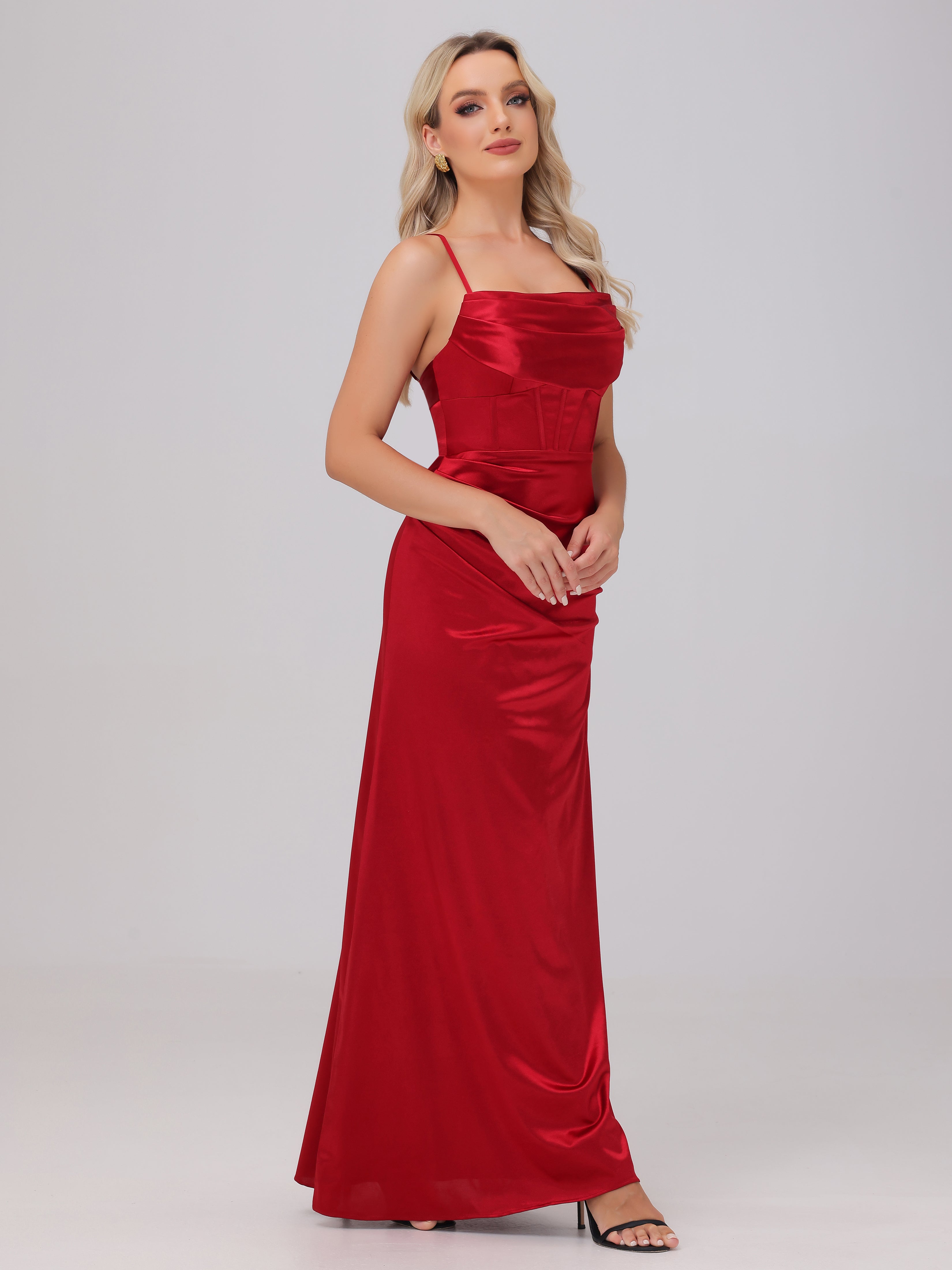 Spaghetti Straps Ruched Floor Length Stretch Satin Bridesmaid Dresses