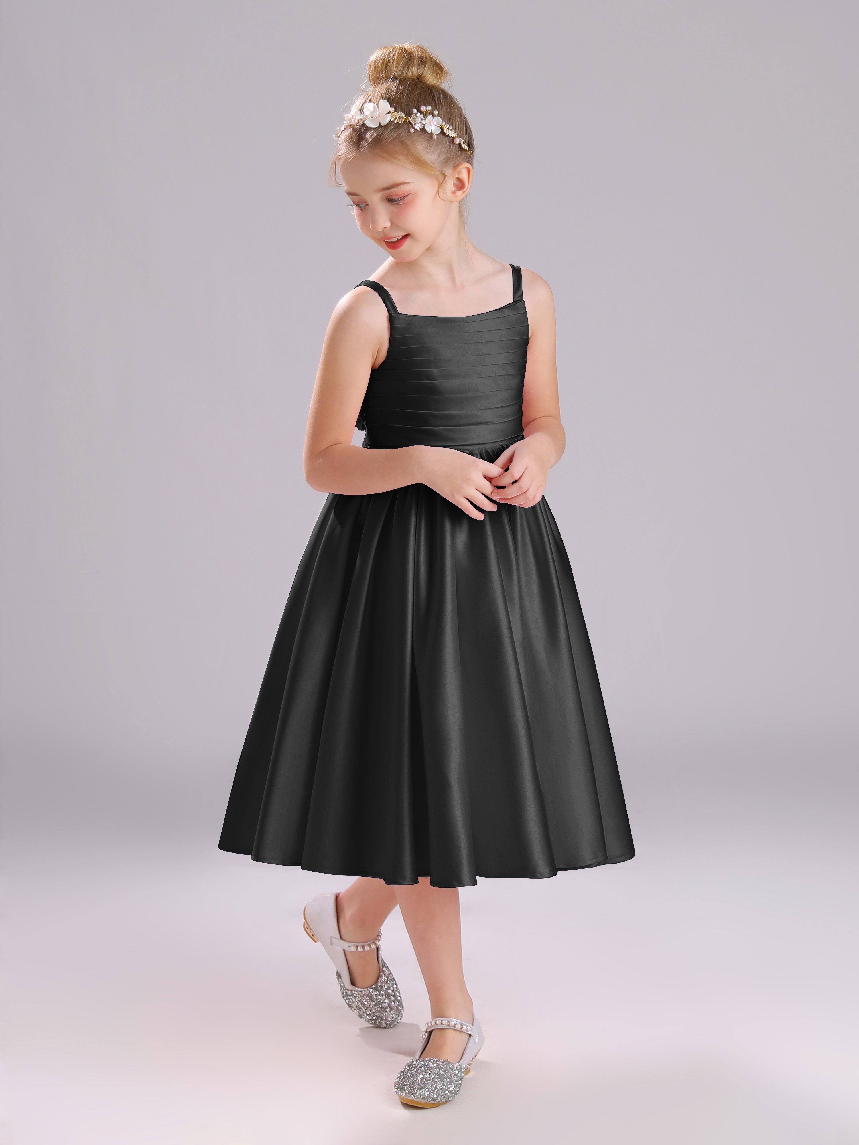 A-Line Princess Sleeves Knee Length Satin Flower Girl Dress with Bowknot