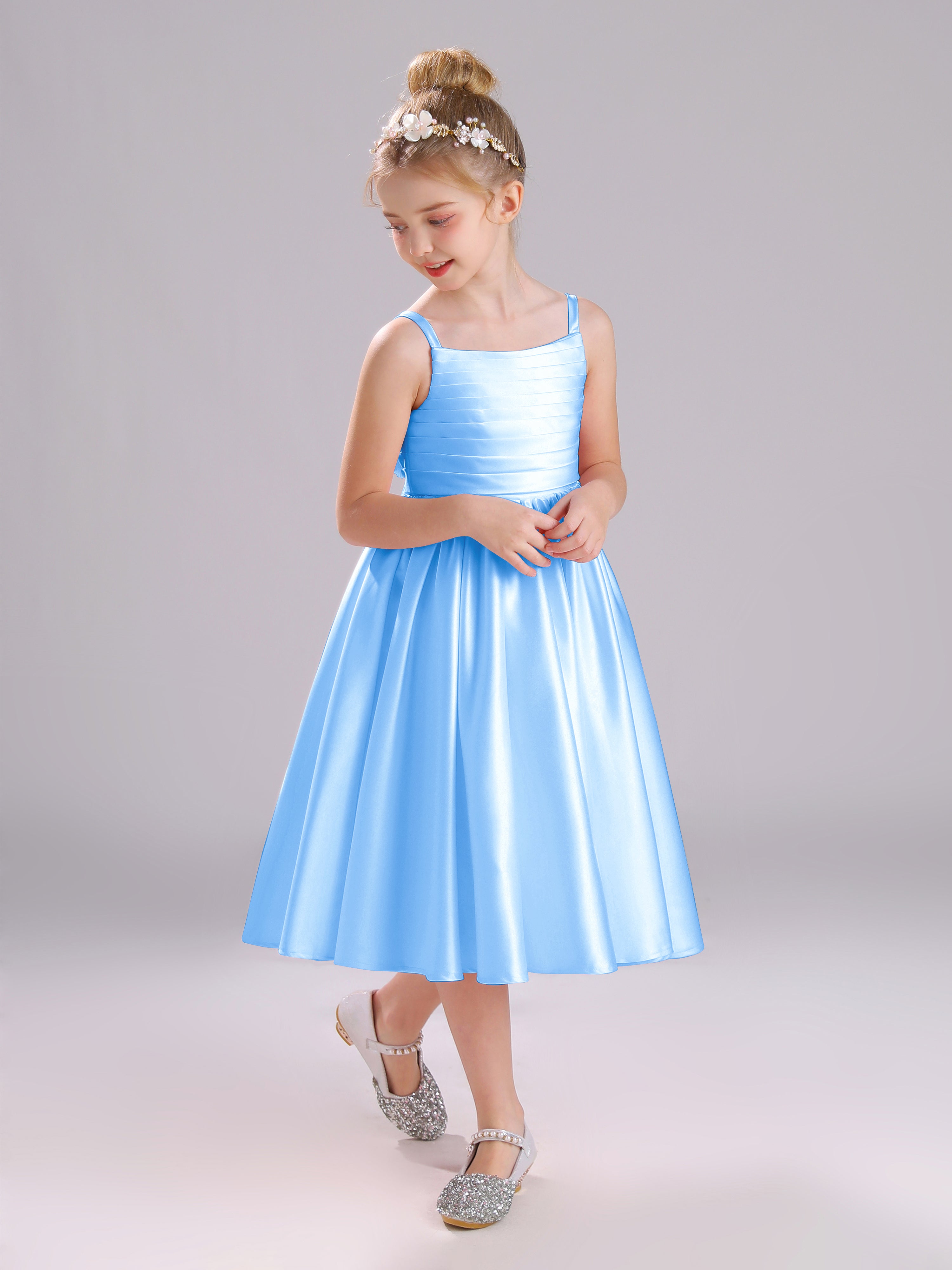 A-Line Princess Sleeves Knee Length Satin Flower Girl Dress with Bowknot