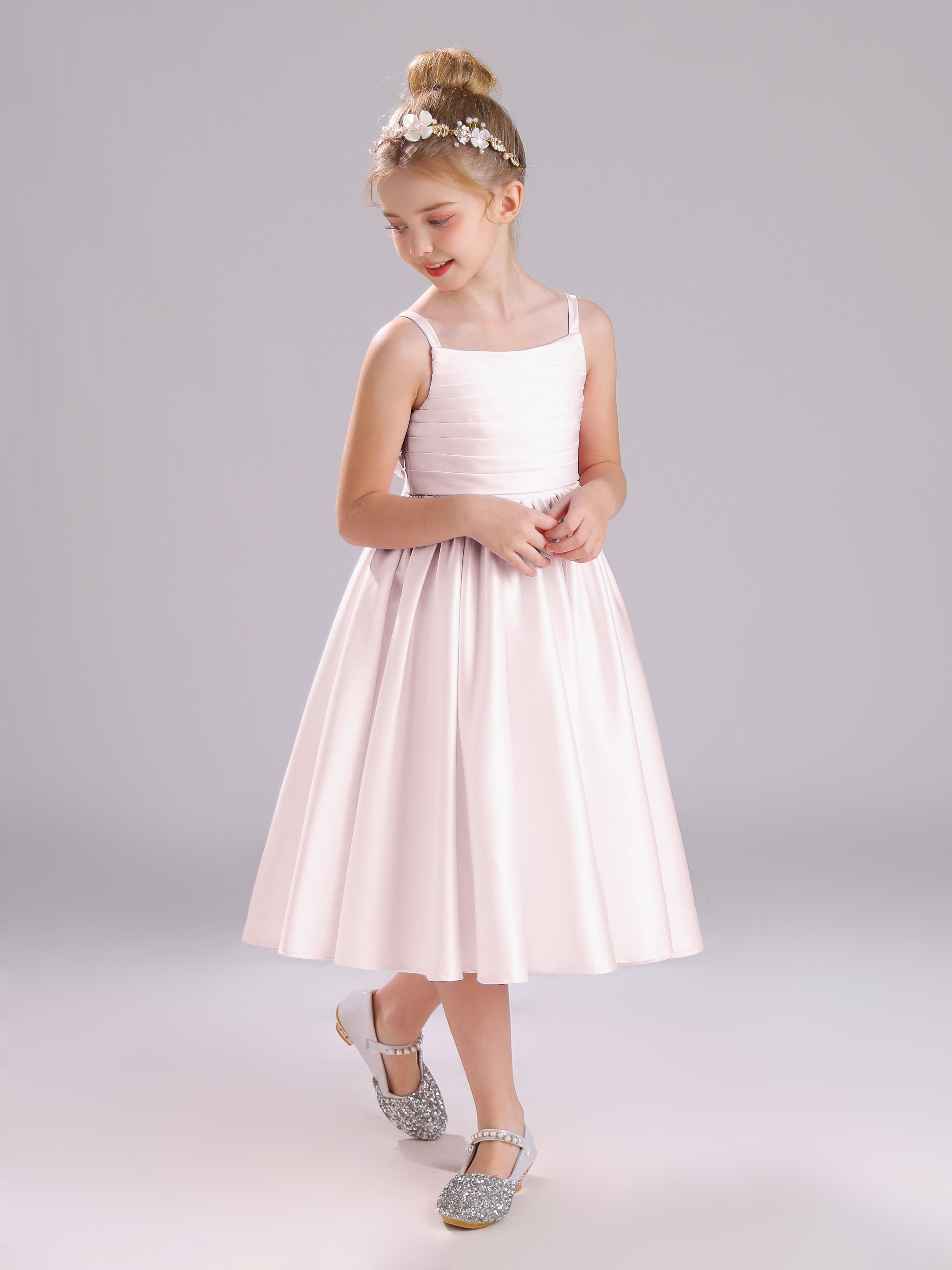 A-Line Princess Sleeves Knee Length Satin Flower Girl Dress with Bowknot