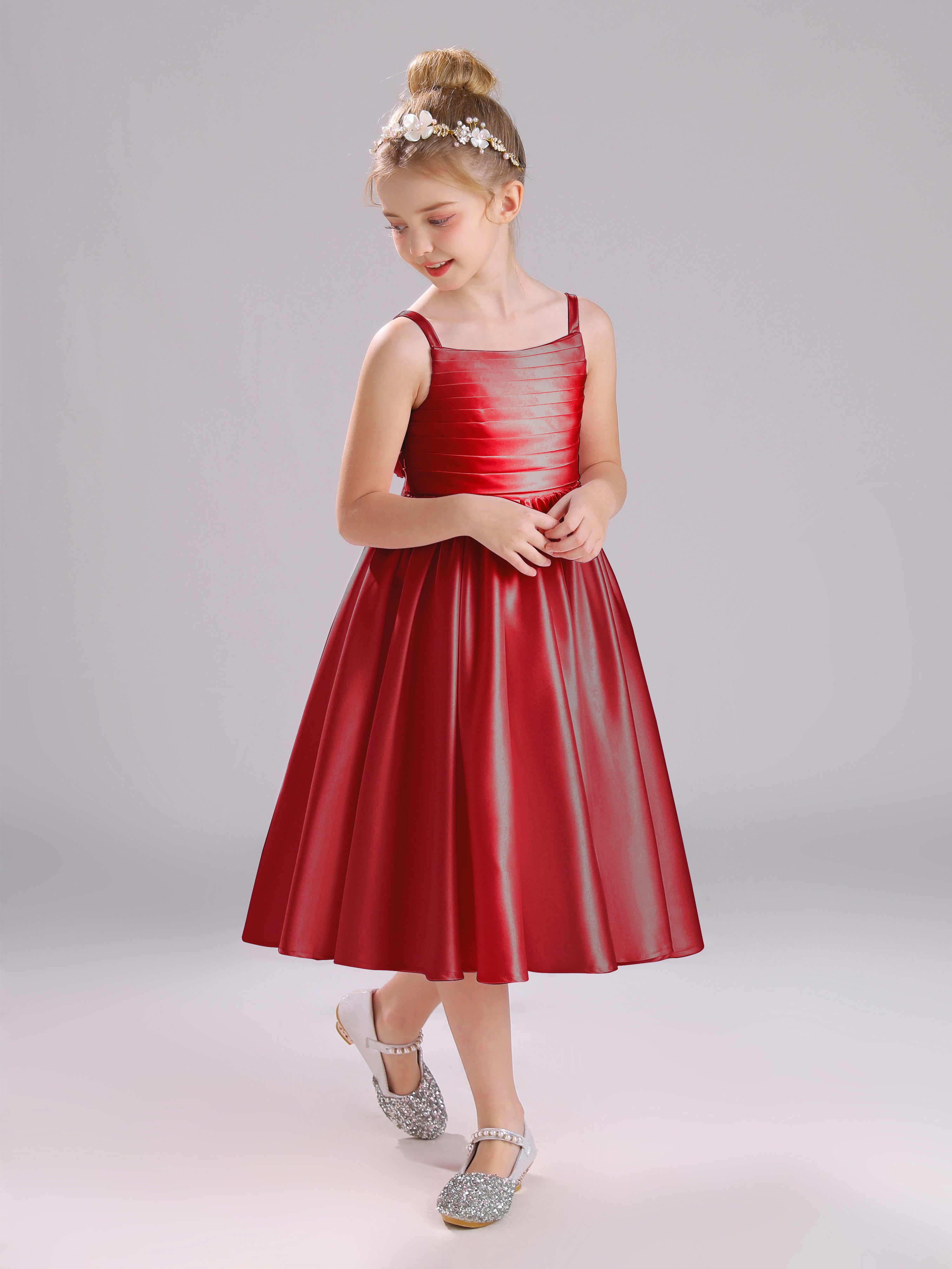 A-Line Princess Sleeves Knee Length Satin Flower Girl Dress with Bowknot