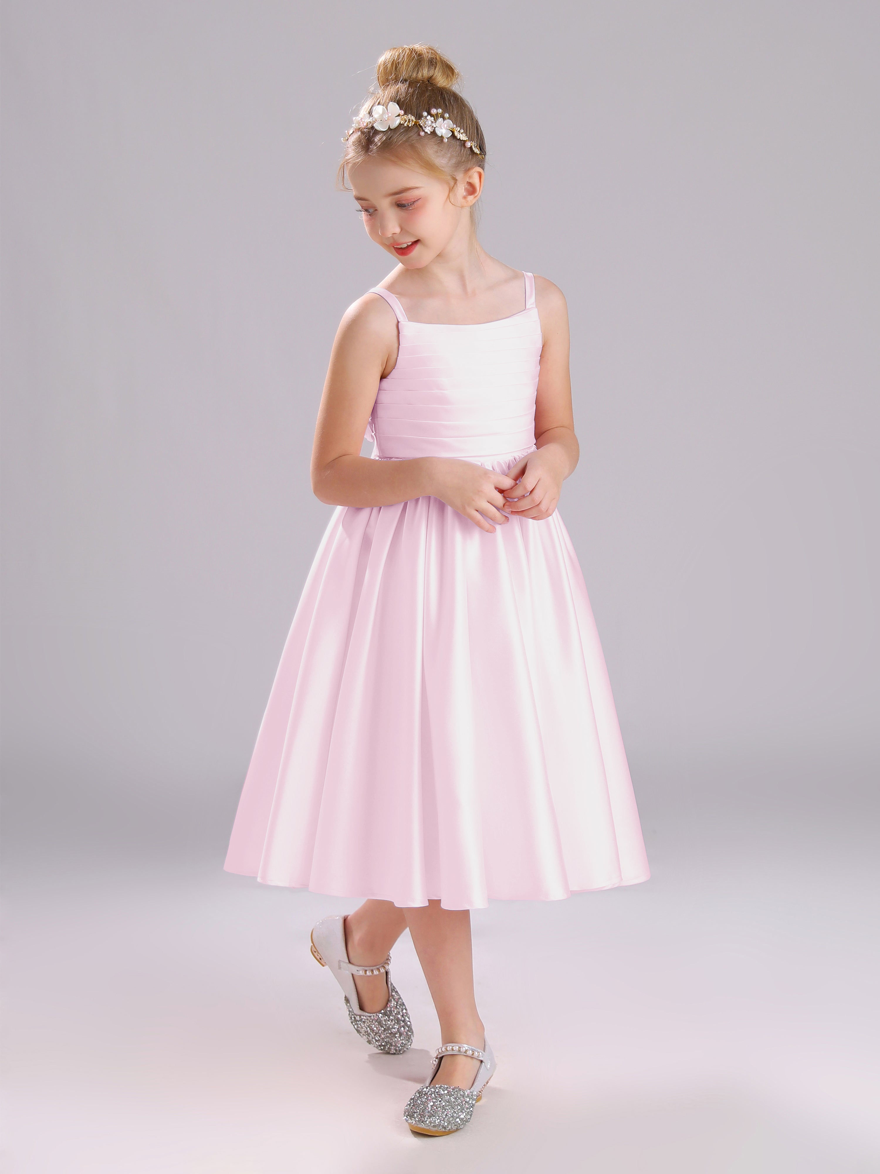 A-Line Princess Sleeves Knee Length Satin Flower Girl Dress with Bowknot