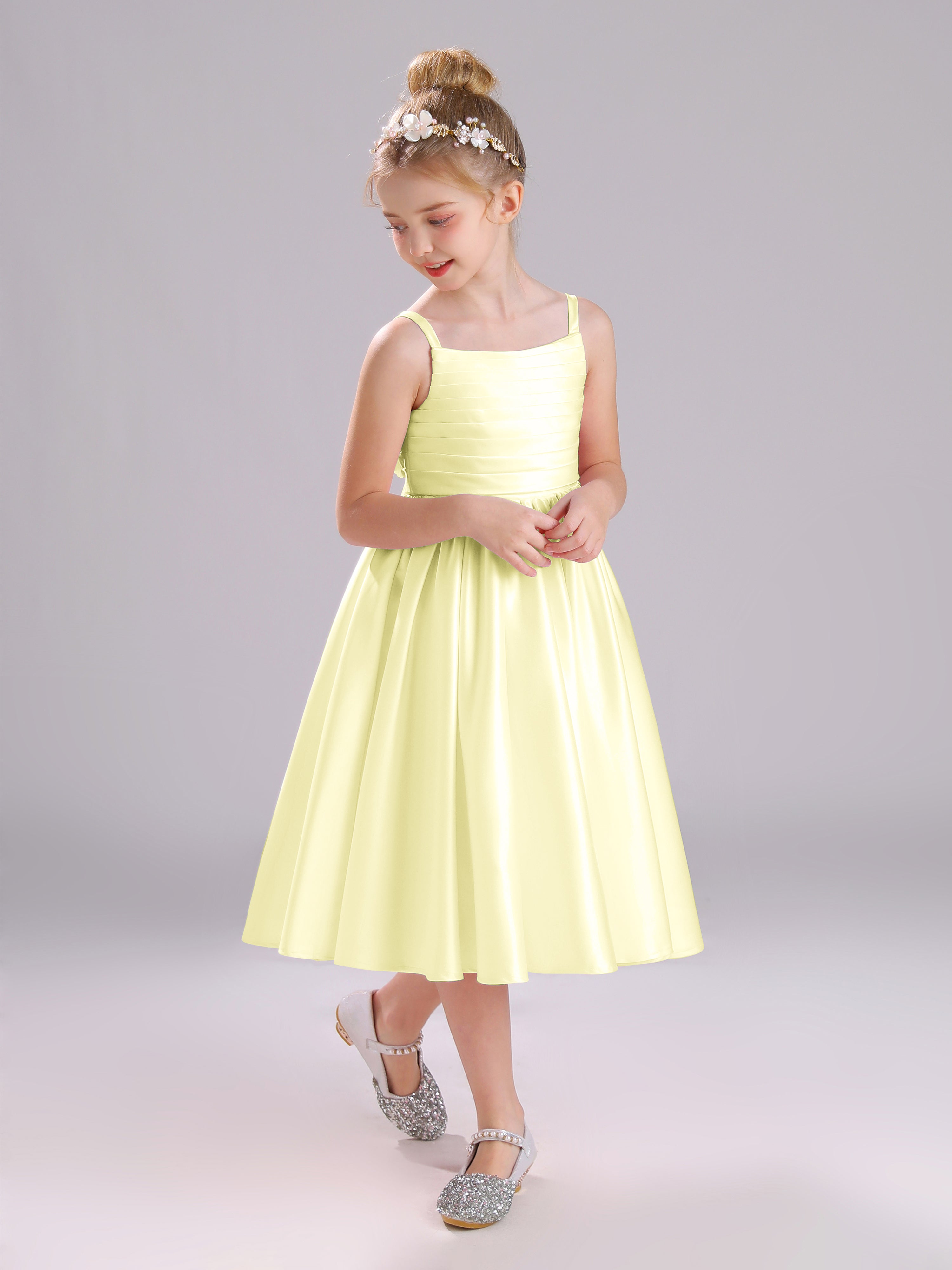 A-Line Princess Sleeves Knee Length Satin Flower Girl Dress with Bowknot