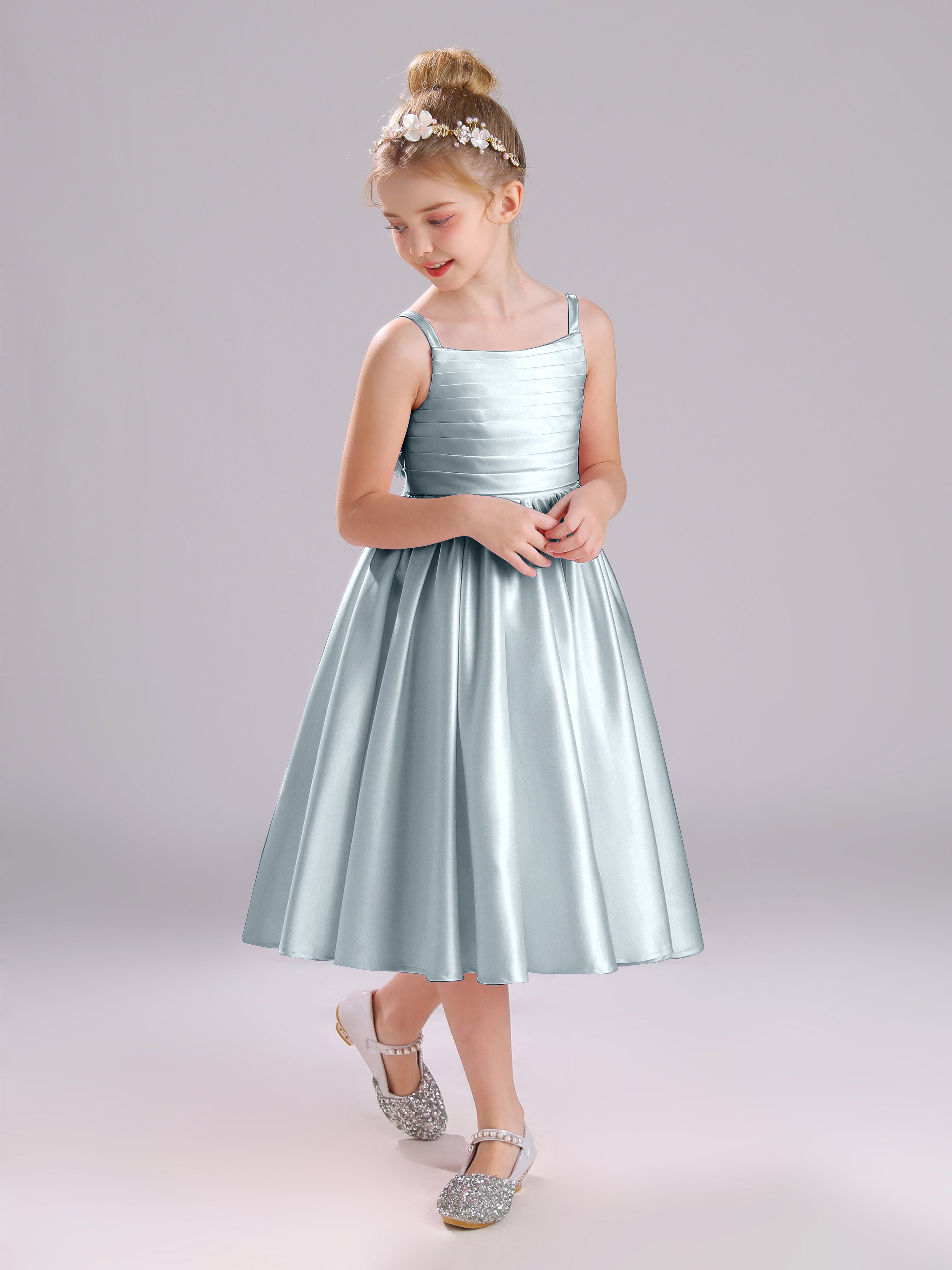 A-Line Princess Sleeves Knee Length Satin Flower Girl Dress with Bowknot