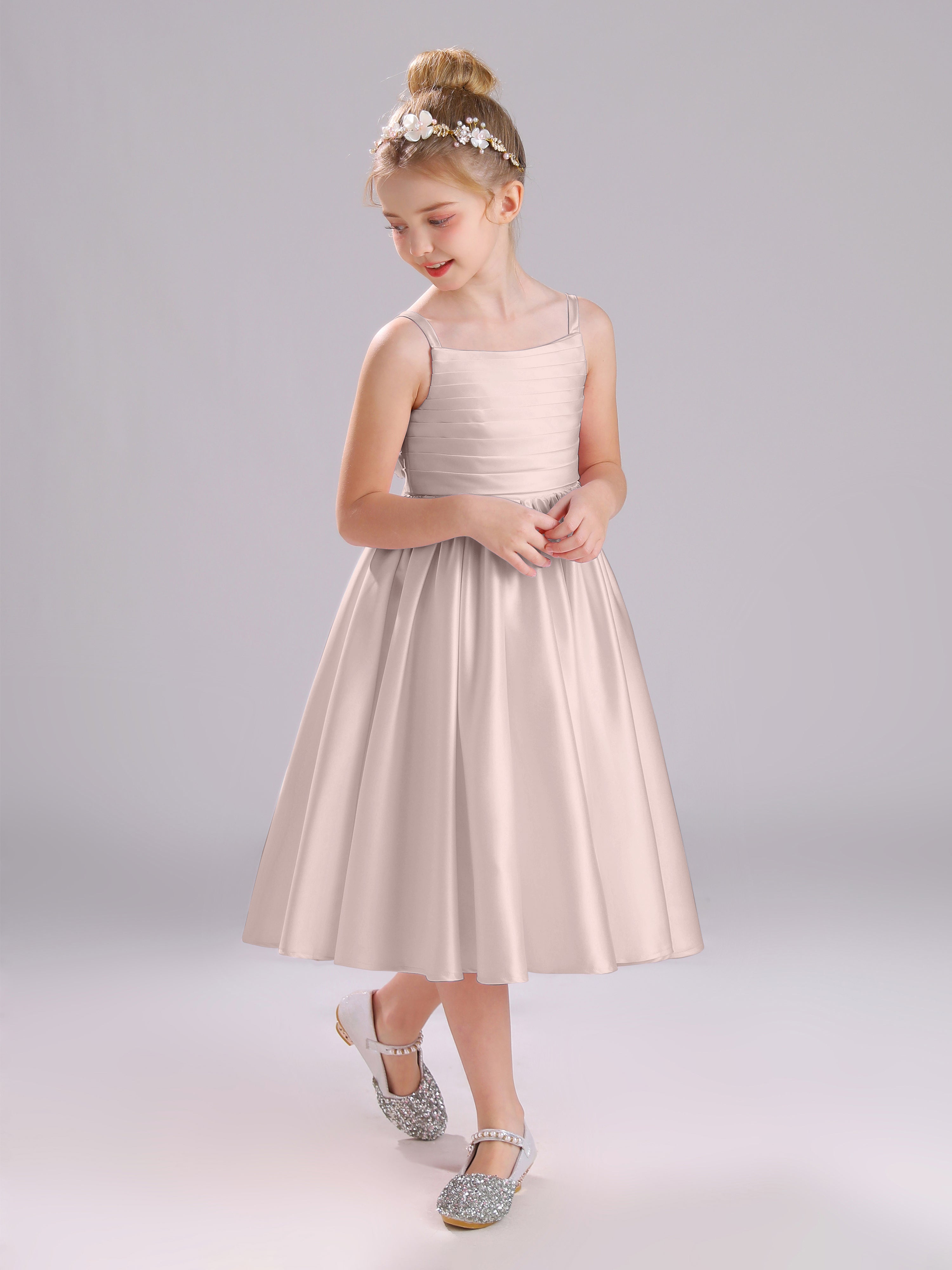 A-Line Princess Sleeves Knee Length Satin Flower Girl Dress with Bowknot