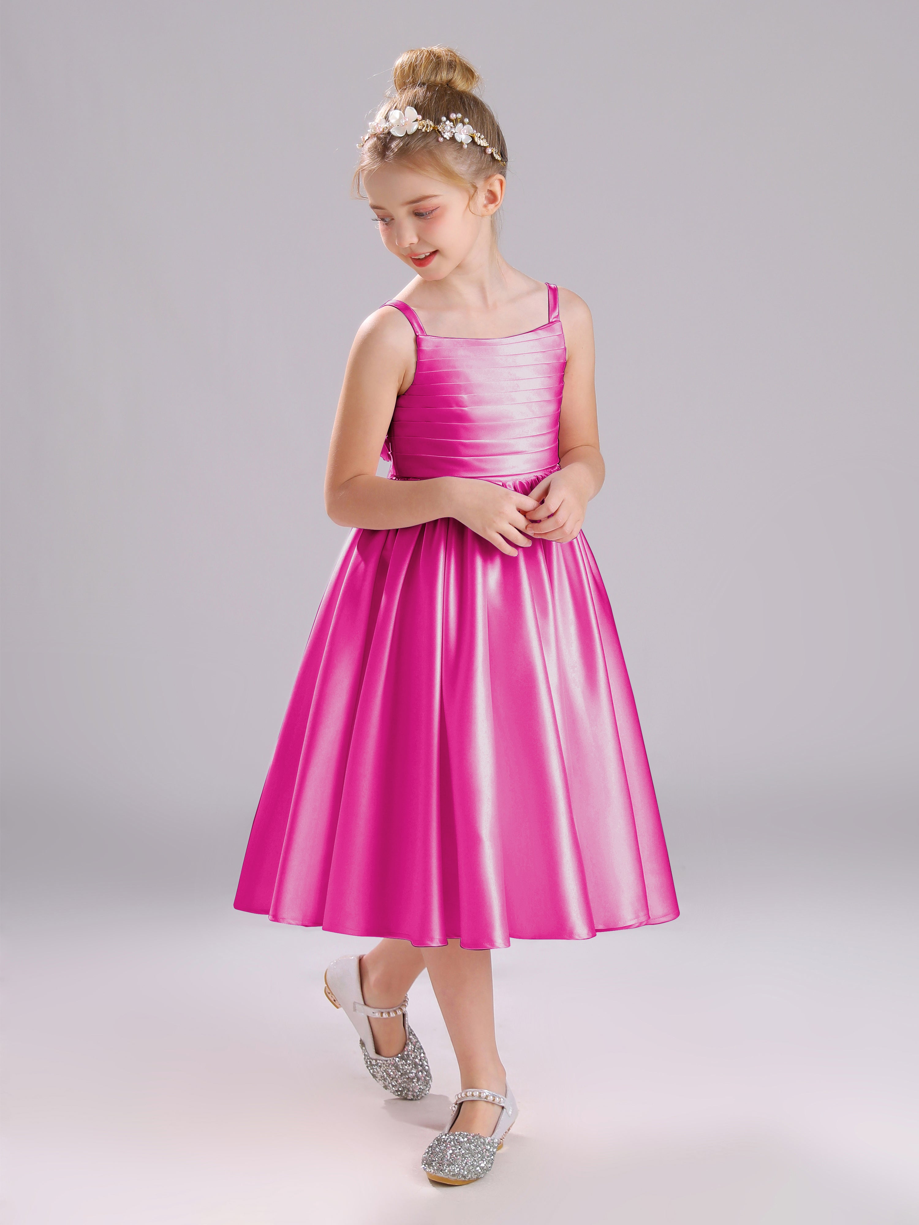 A-Line Princess Sleeves Knee Length Satin Flower Girl Dress with Bowknot