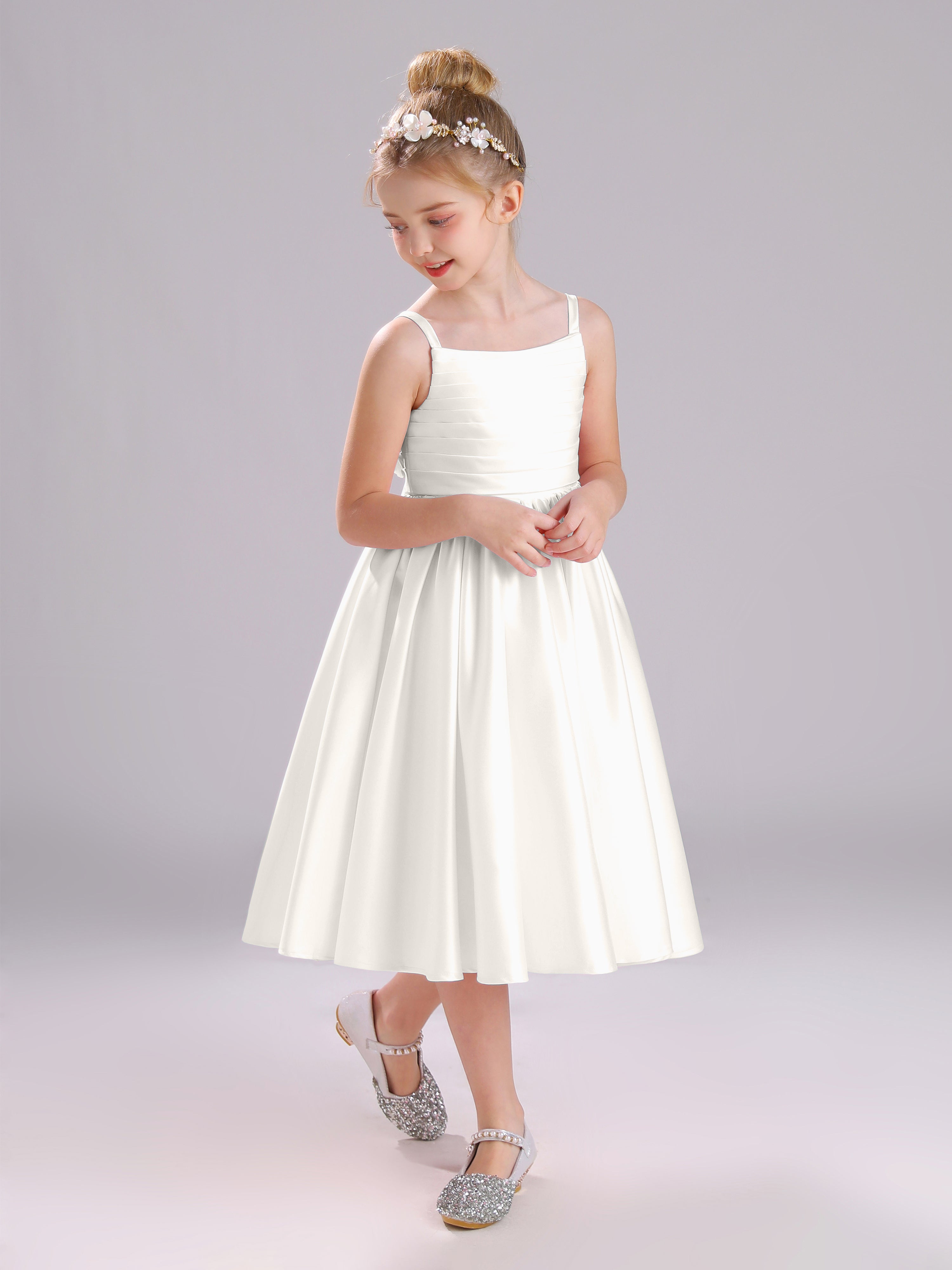 A-Line Princess Sleeves Knee Length Satin Flower Girl Dress with Bowknot