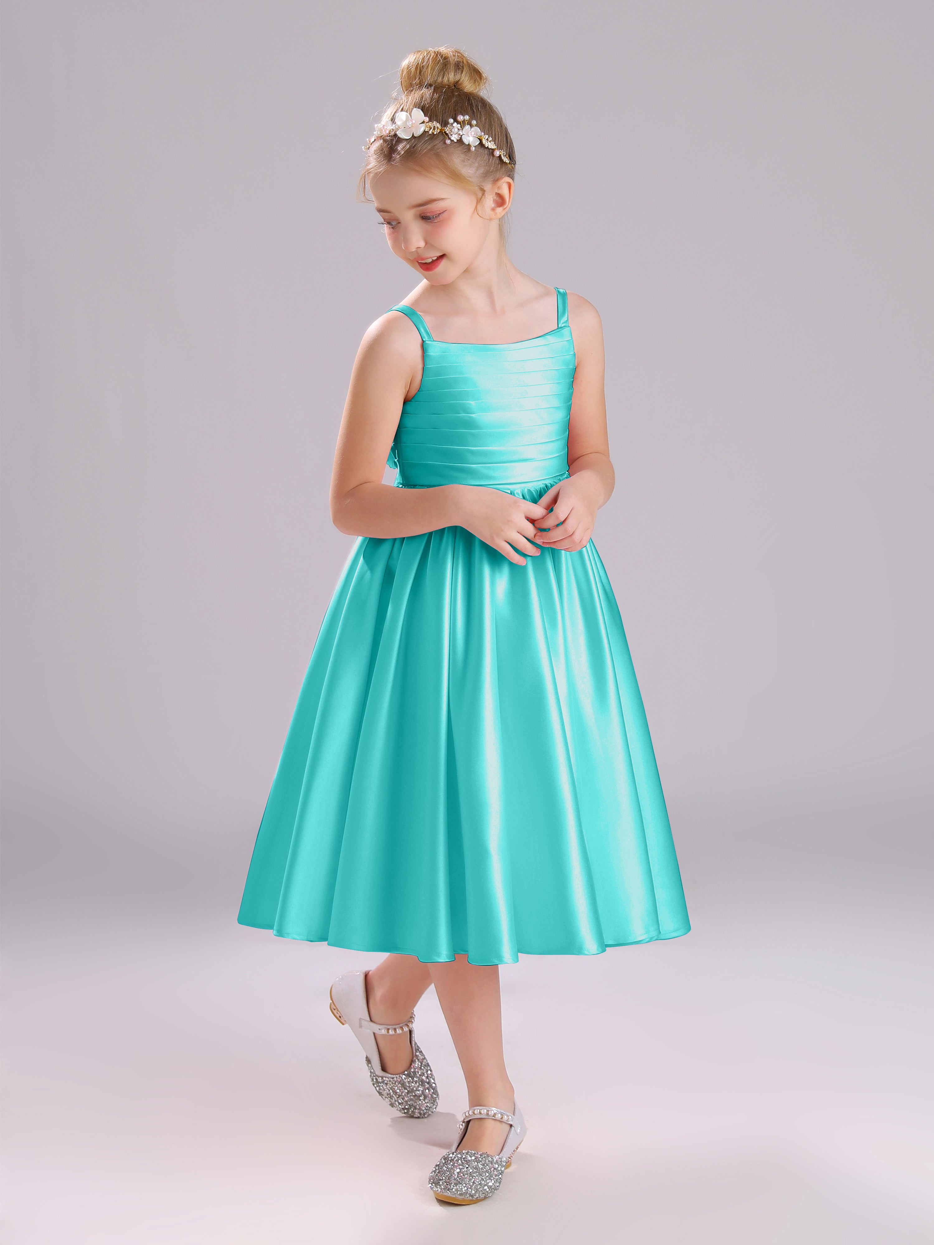 A-Line Princess Sleeves Knee Length Satin Flower Girl Dress with Bowknot