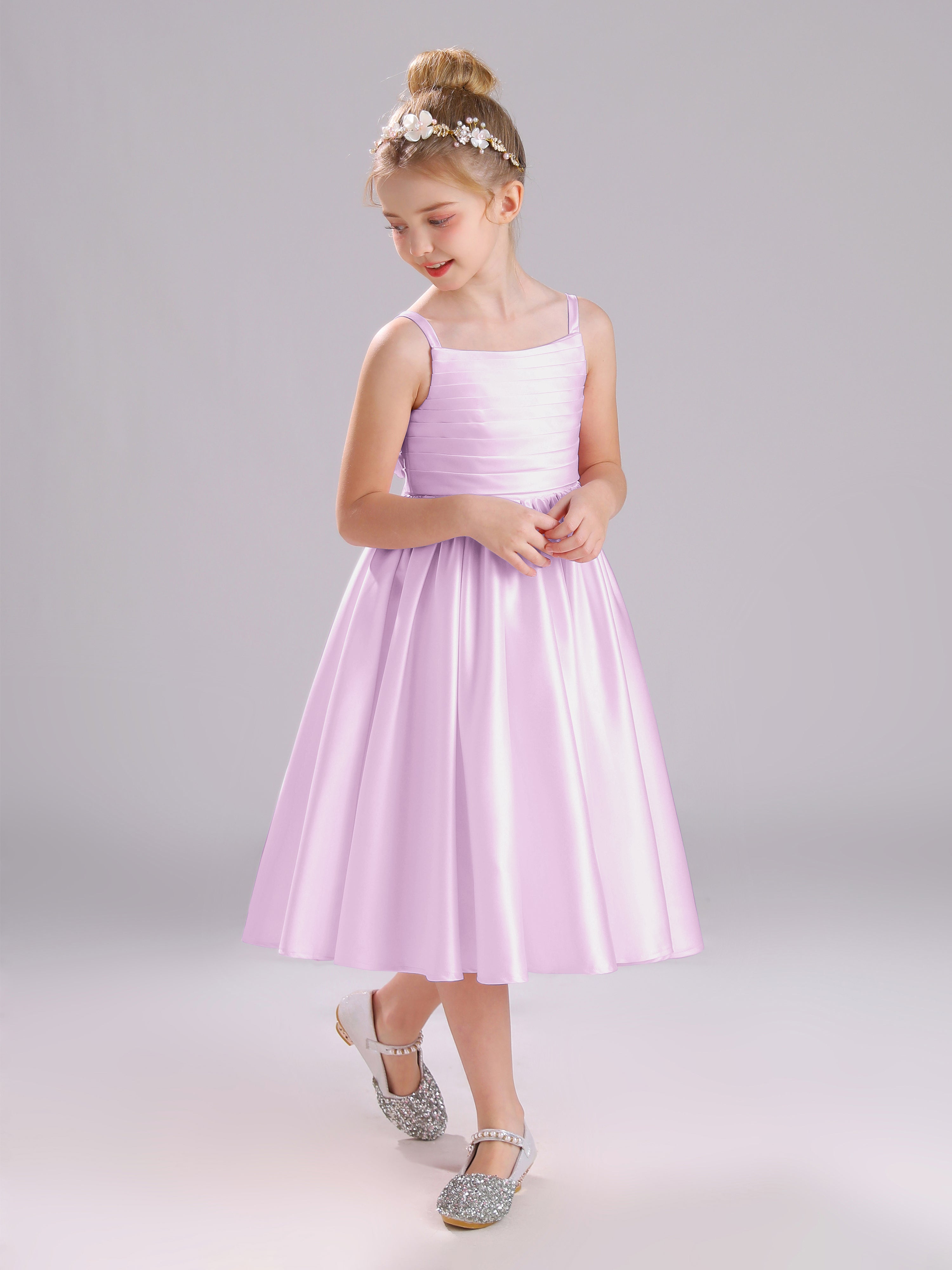 A-Line Princess Sleeves Knee Length Satin Flower Girl Dress with Bowknot