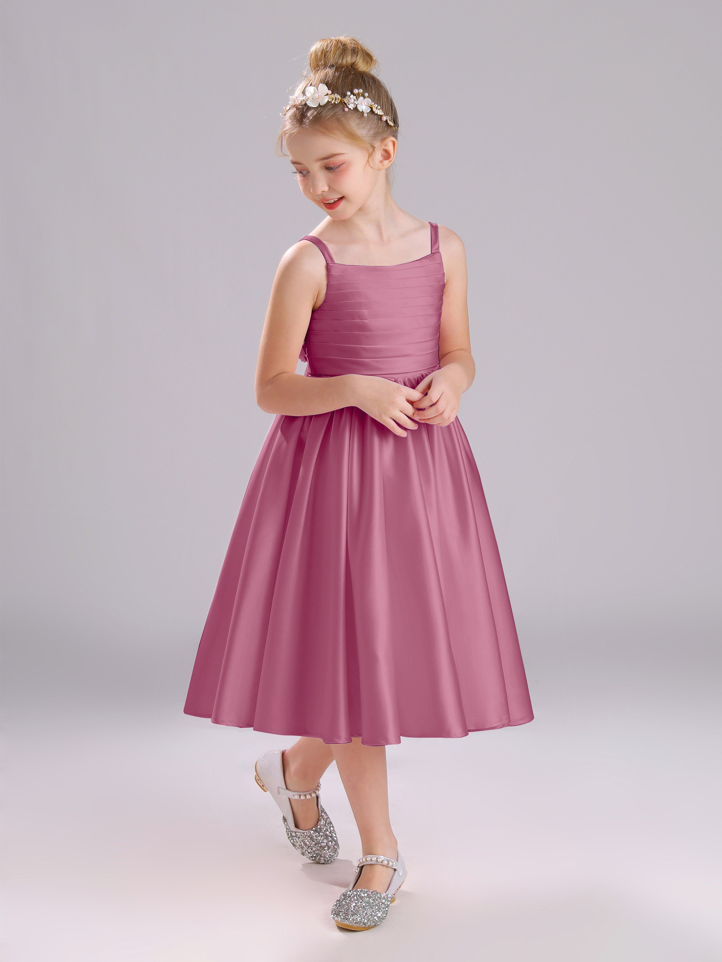 A-Line Princess Sleeves Knee Length Satin Flower Girl Dress with Bowknot