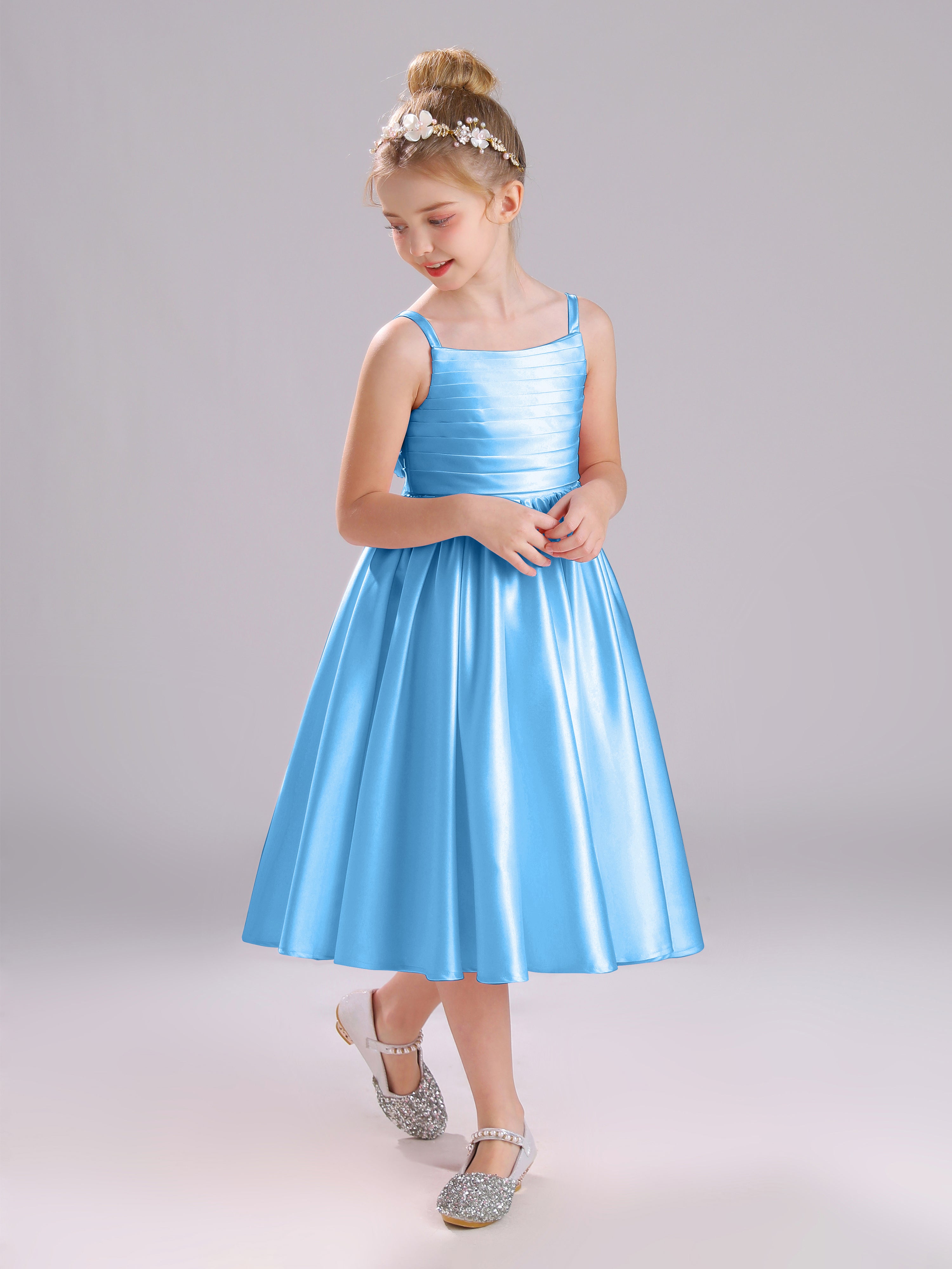 A-Line Princess Sleeves Knee Length Satin Flower Girl Dress with Bowknot