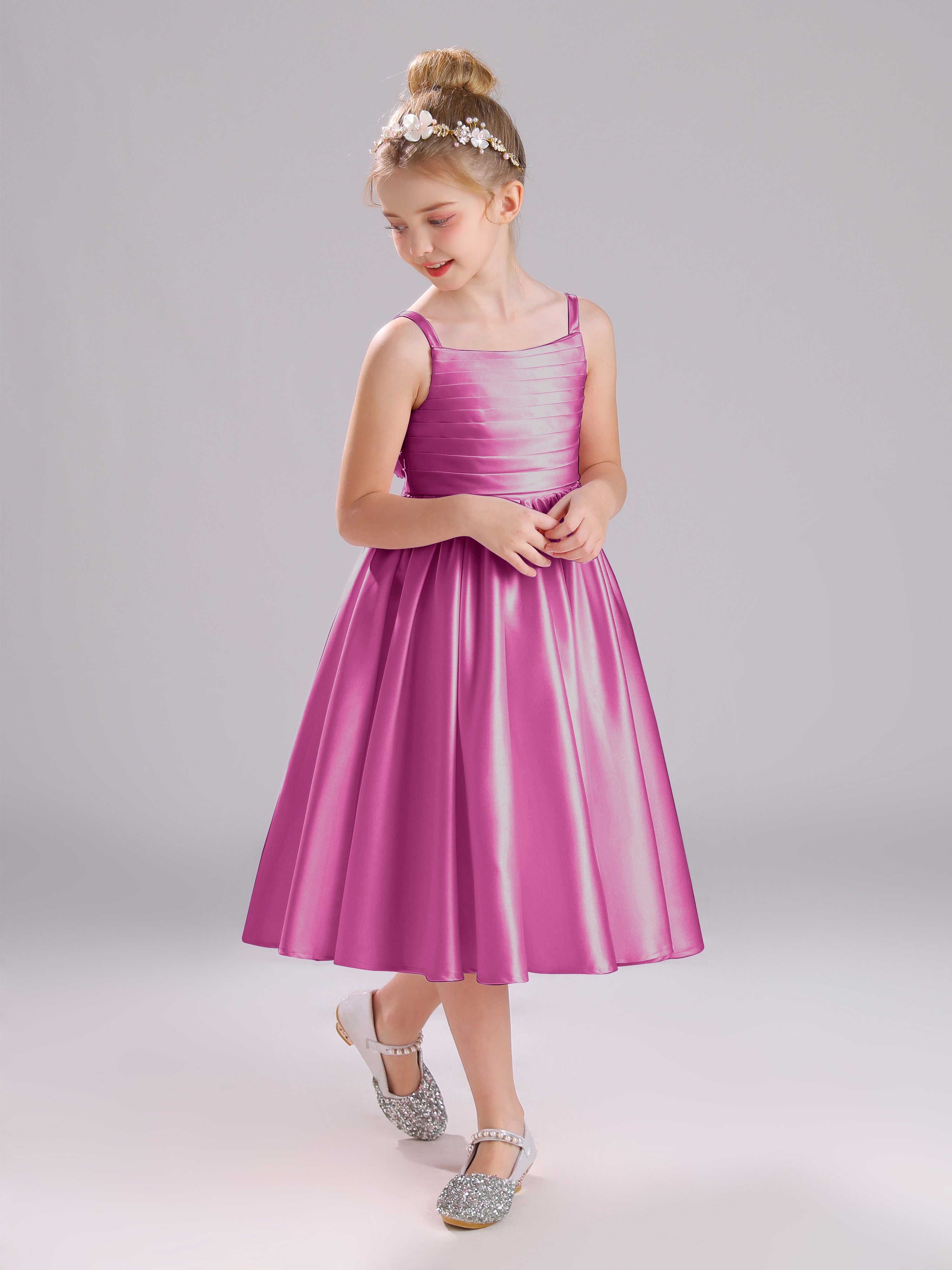 A-Line Princess Sleeves Knee Length Satin Flower Girl Dress with Bowknot