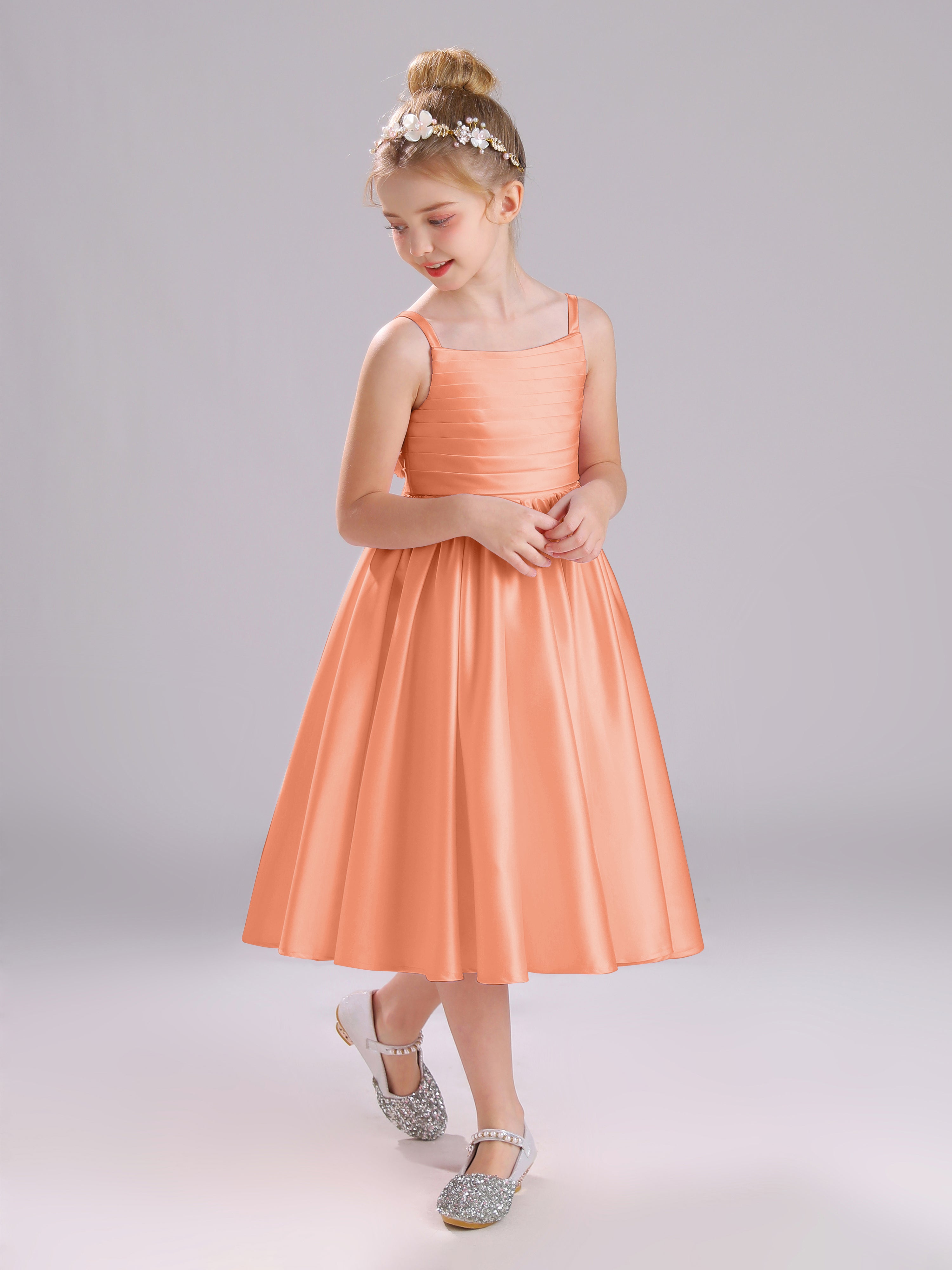 A-Line Princess Sleeves Knee Length Satin Flower Girl Dress with Bowknot