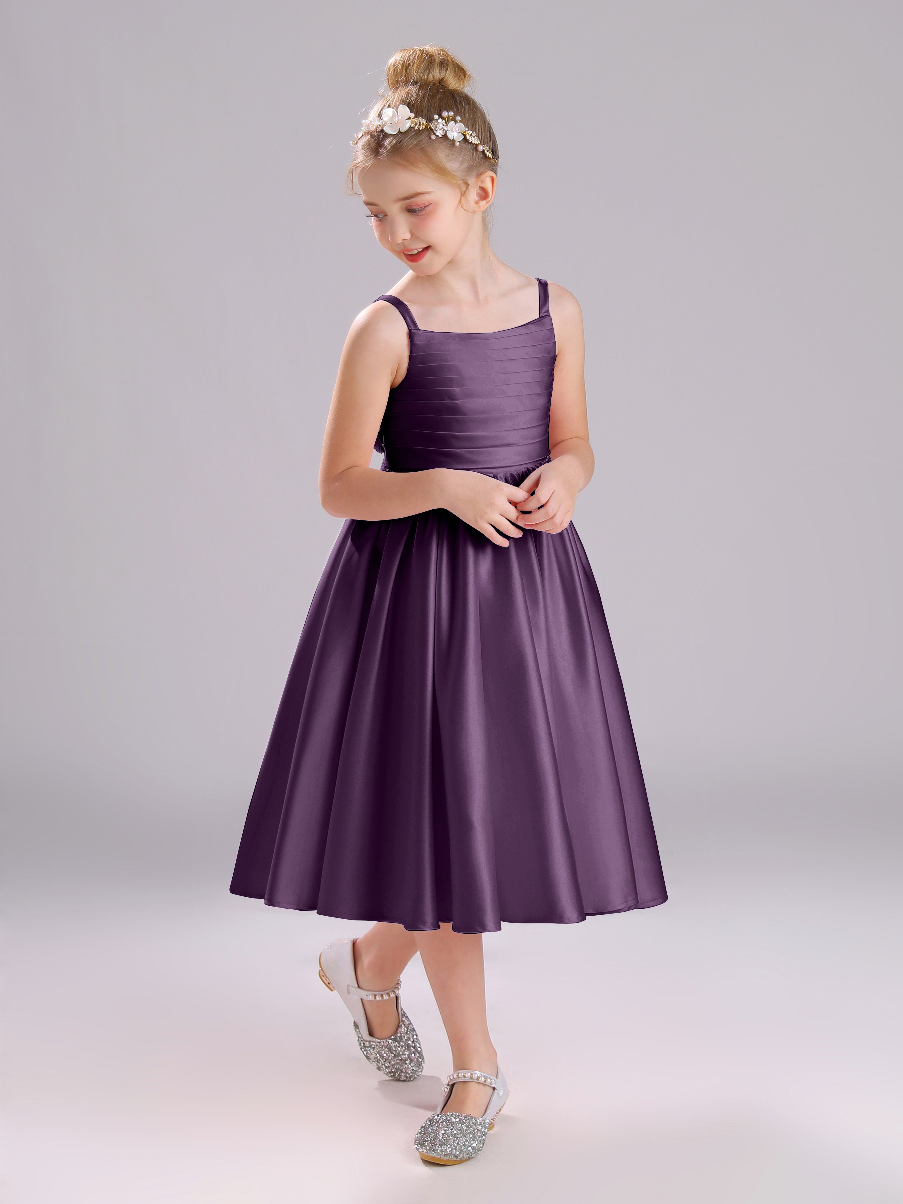 A-Line Princess Sleeves Knee Length Satin Flower Girl Dress with Bowknot