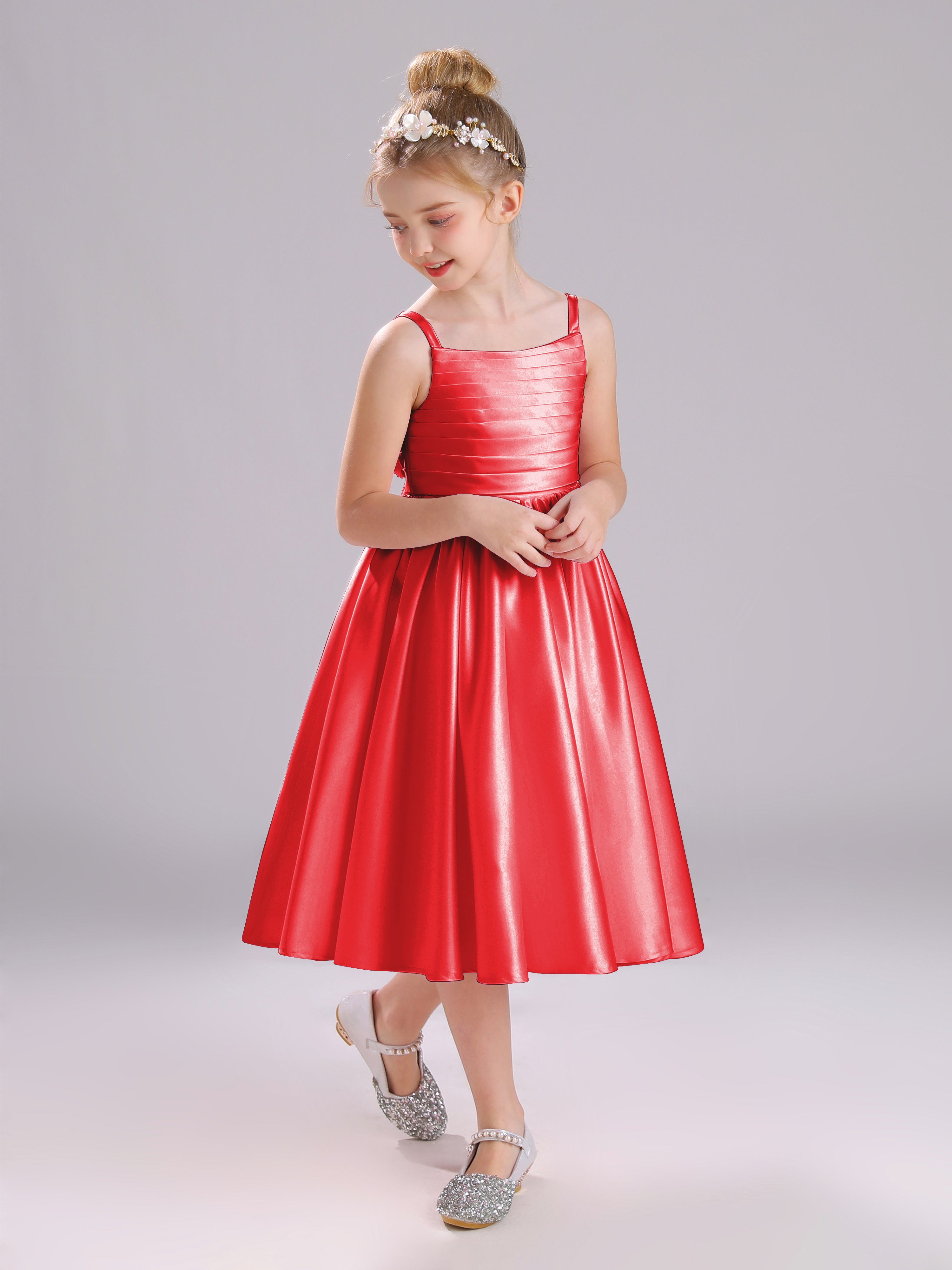 A-Line Princess Sleeves Knee Length Satin Flower Girl Dress with Bowknot