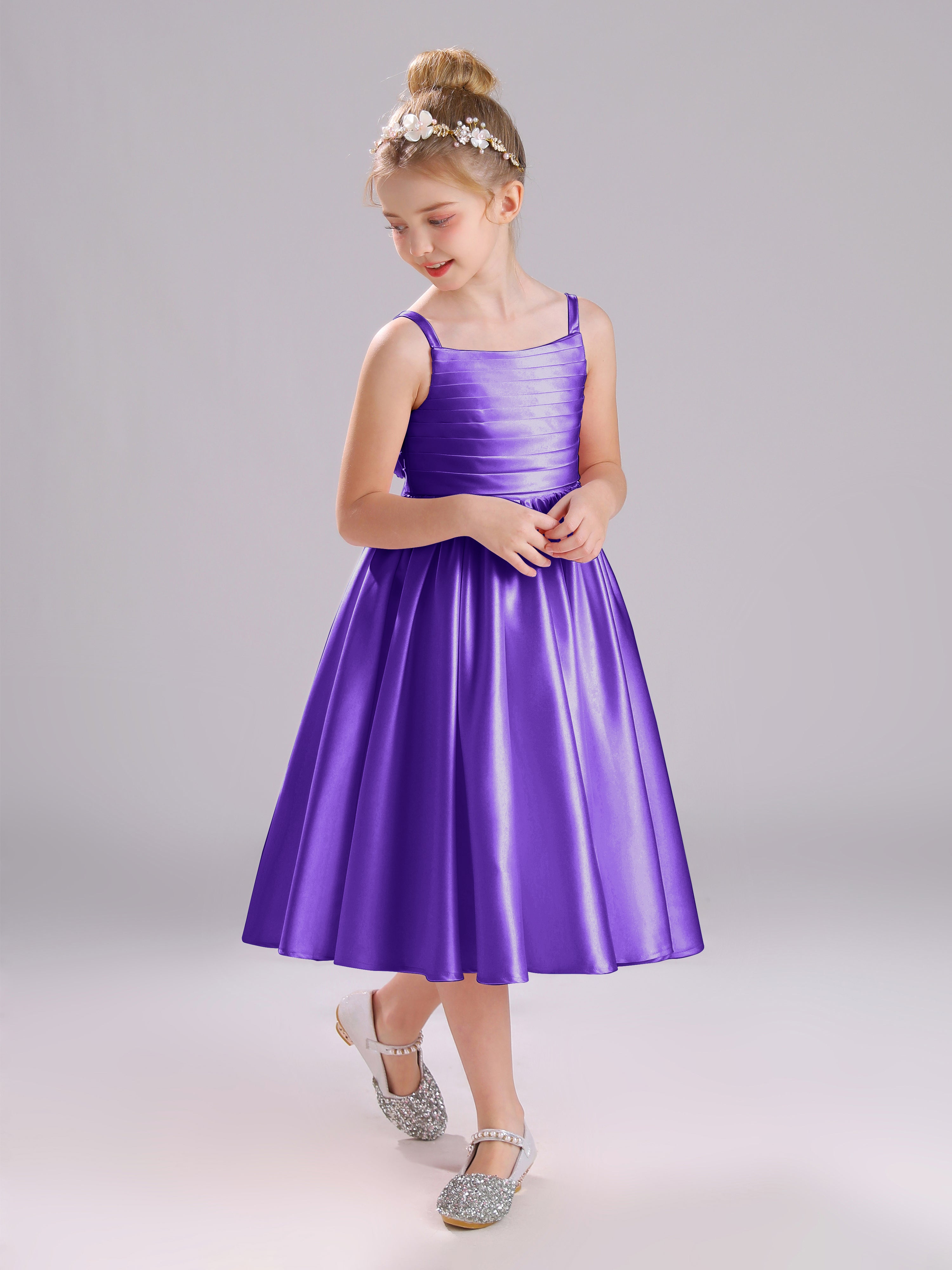 A-Line Princess Sleeves Knee Length Satin Flower Girl Dress with Bowknot