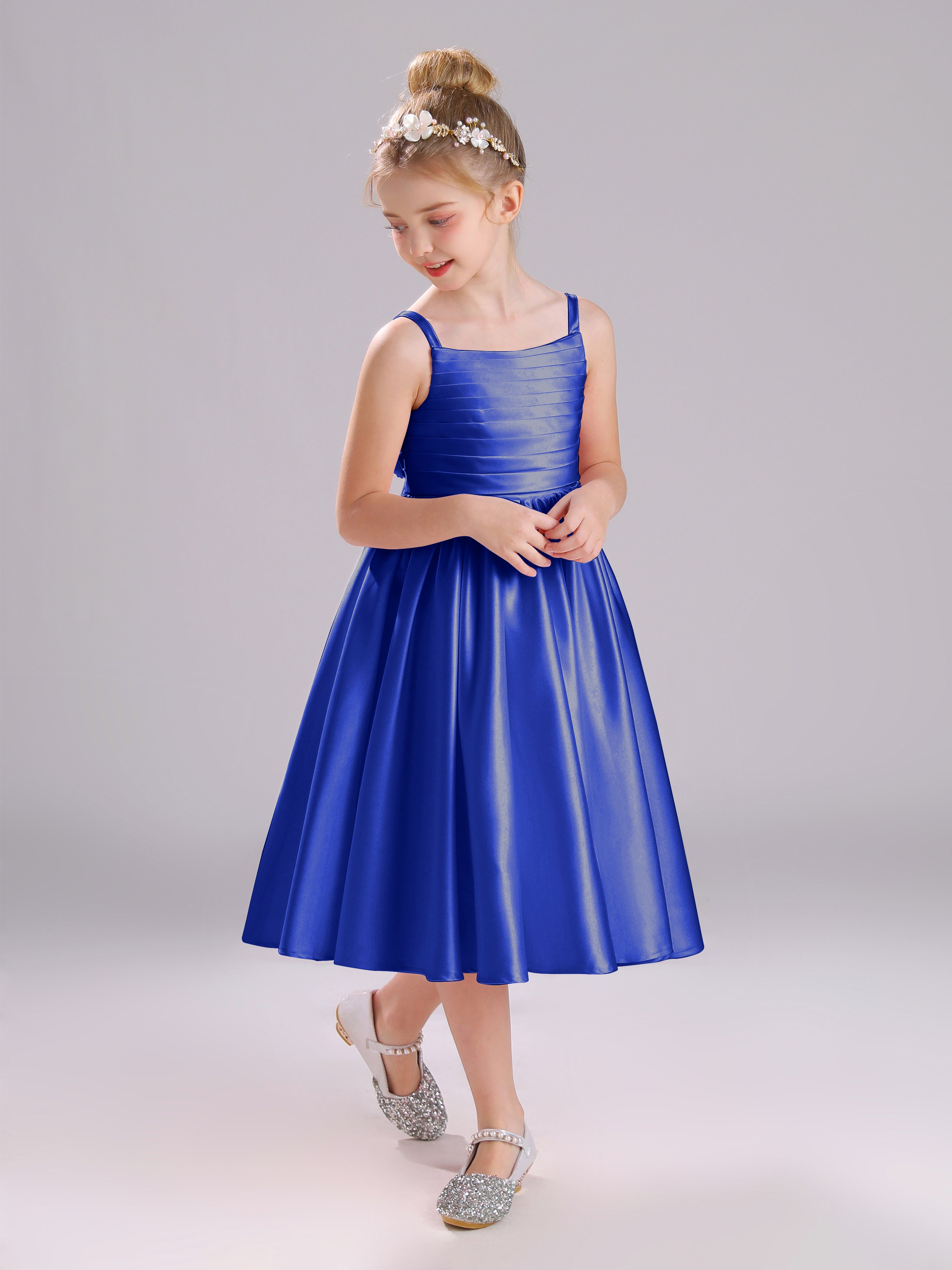 A-Line Princess Sleeves Knee Length Satin Flower Girl Dress with Bowknot