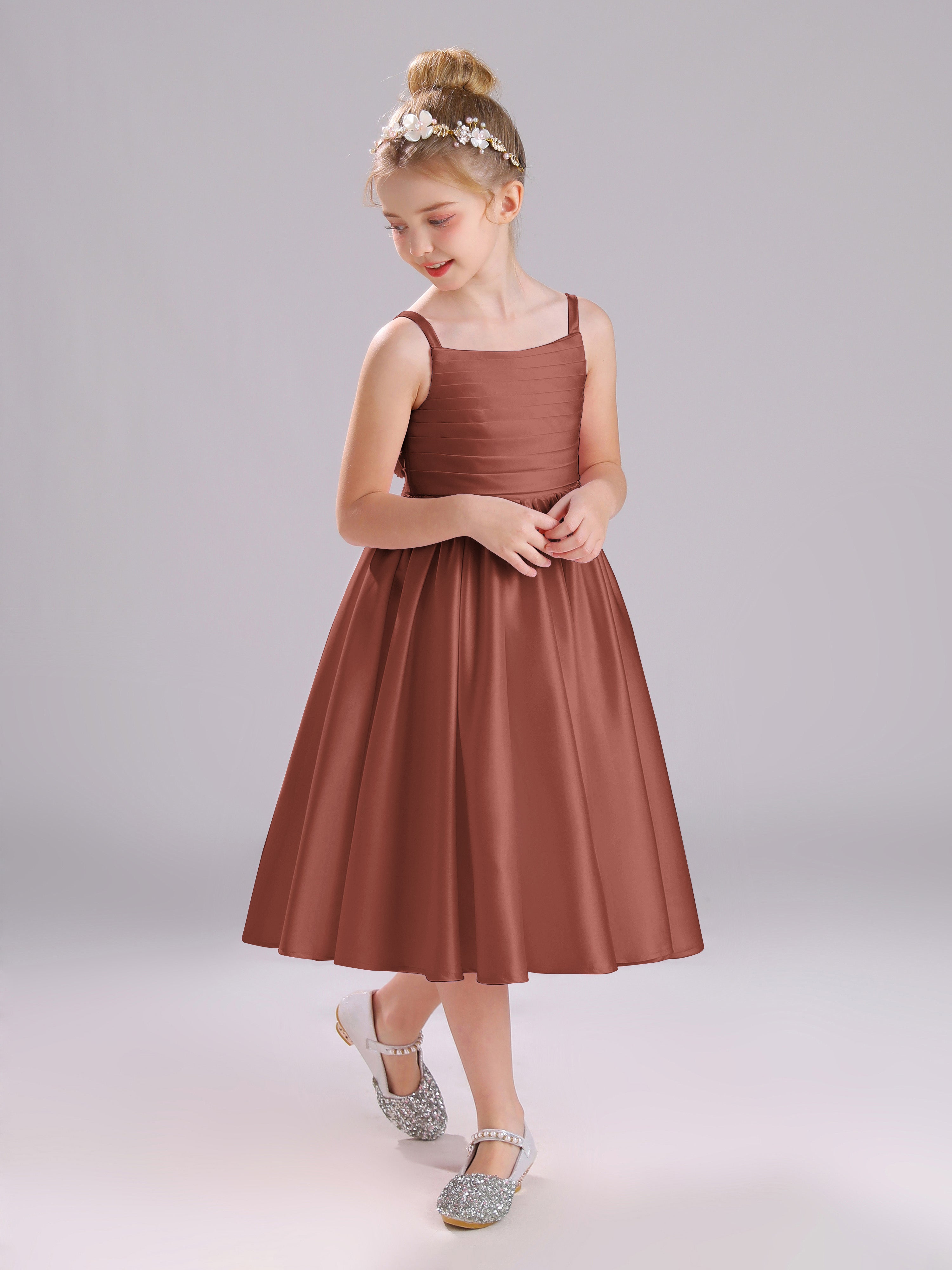 A-Line Princess Sleeves Knee Length Satin Flower Girl Dress with Bowknot