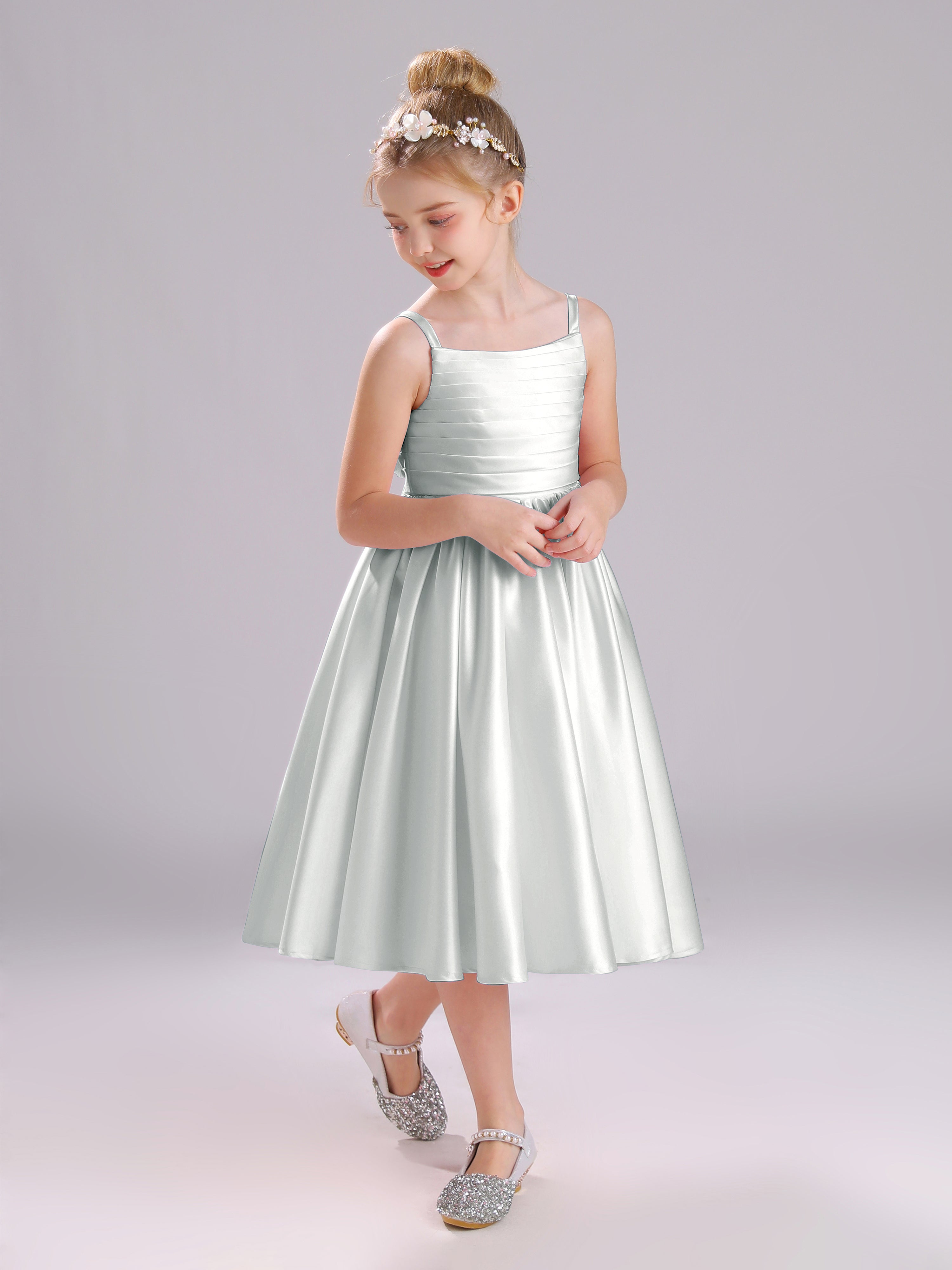 A-Line Princess Sleeves Knee Length Satin Flower Girl Dress with Bowknot