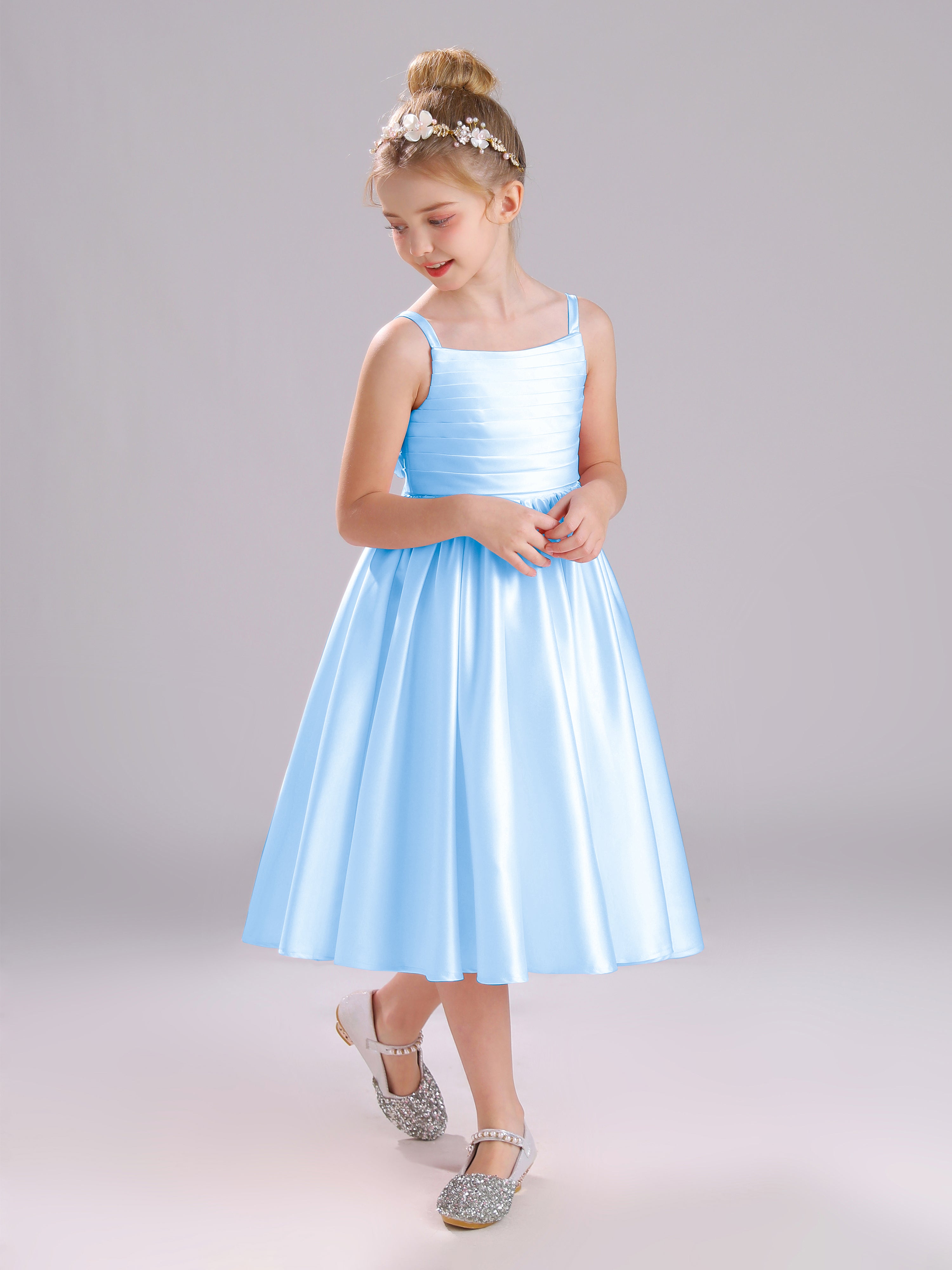 A-Line Princess Sleeves Knee Length Satin Flower Girl Dress with Bowknot