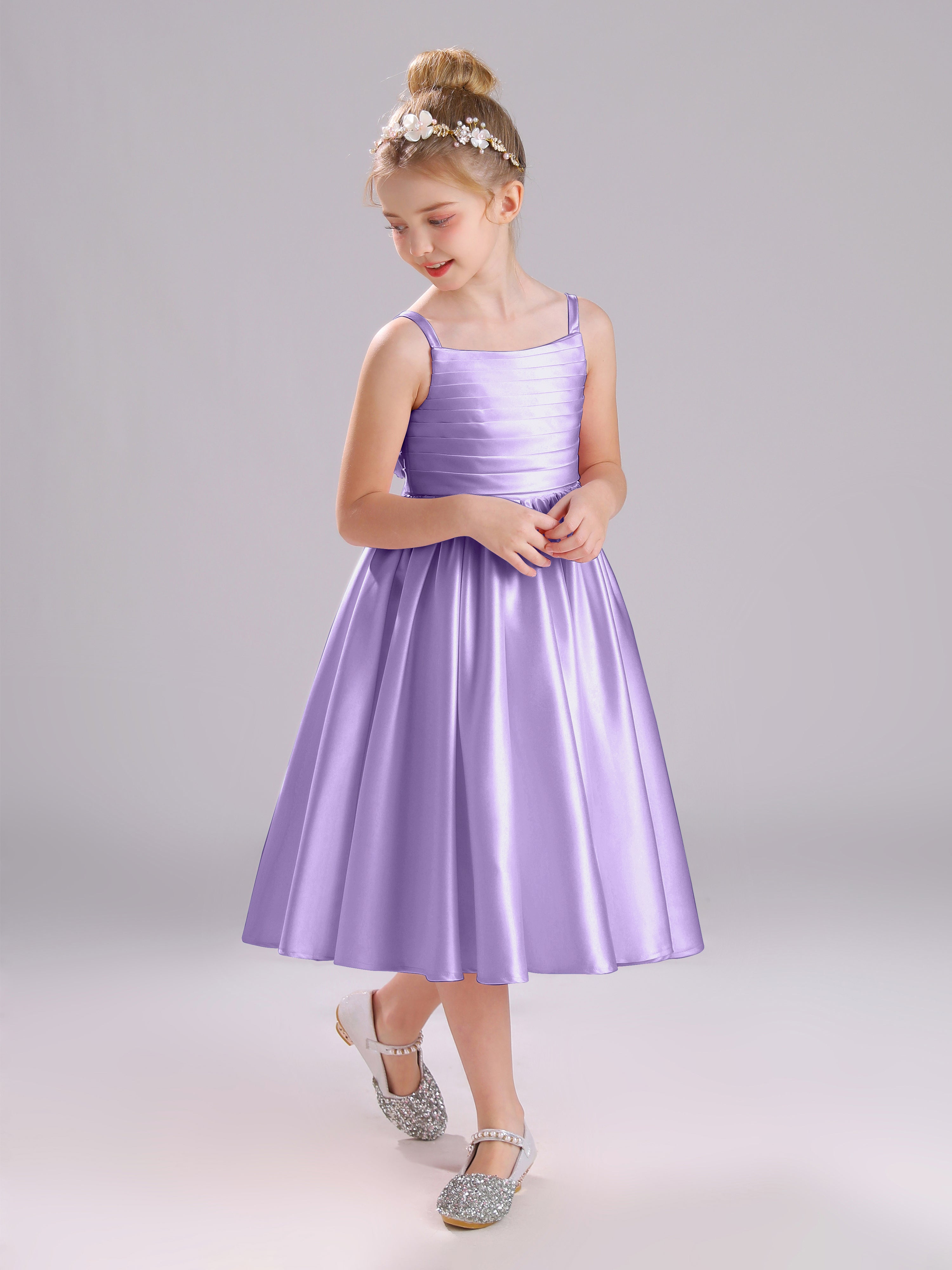 A-Line Princess Sleeves Knee Length Satin Flower Girl Dress with Bowknot