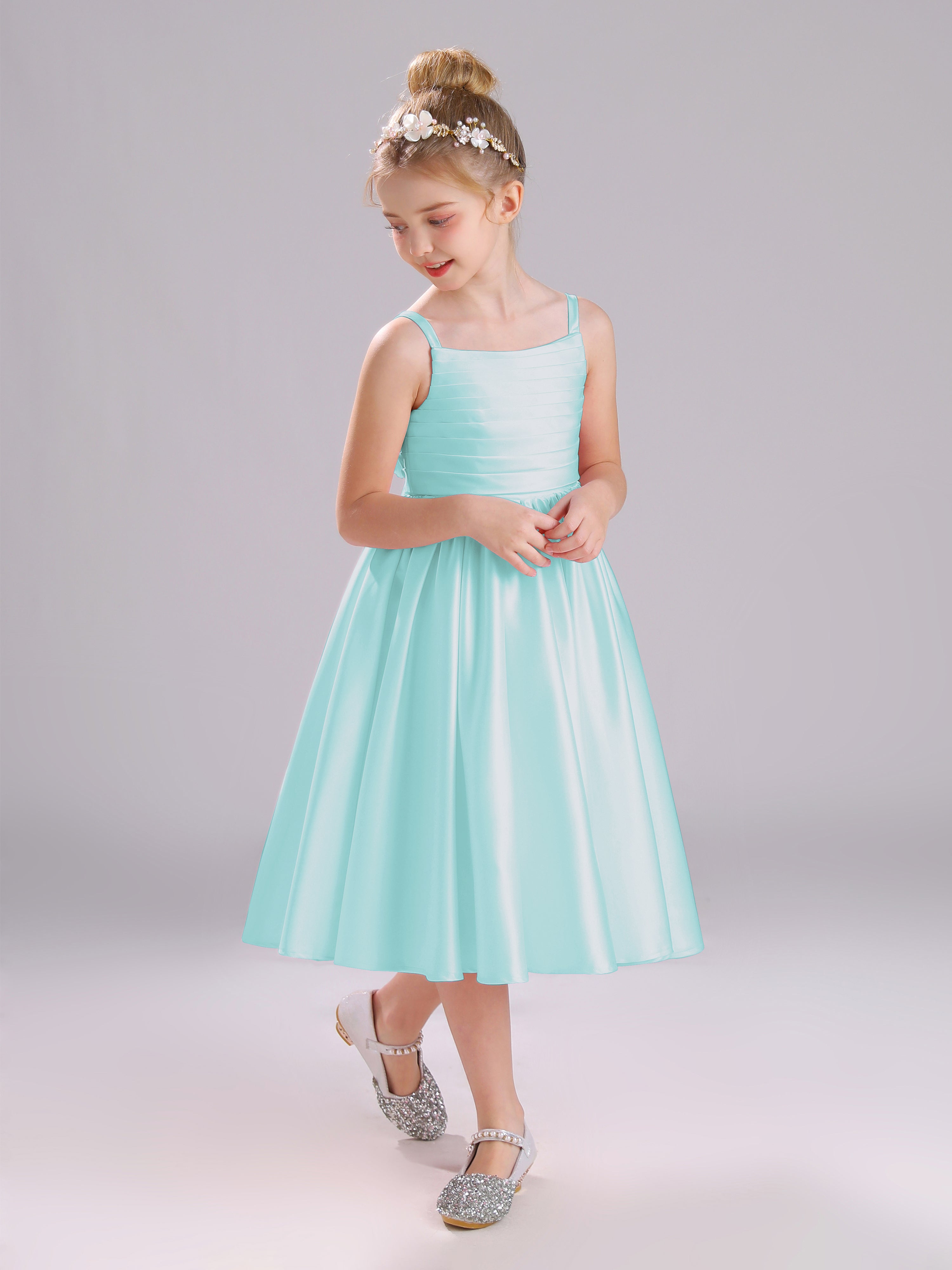 A-Line Princess Sleeves Knee Length Satin Flower Girl Dress with Bowknot