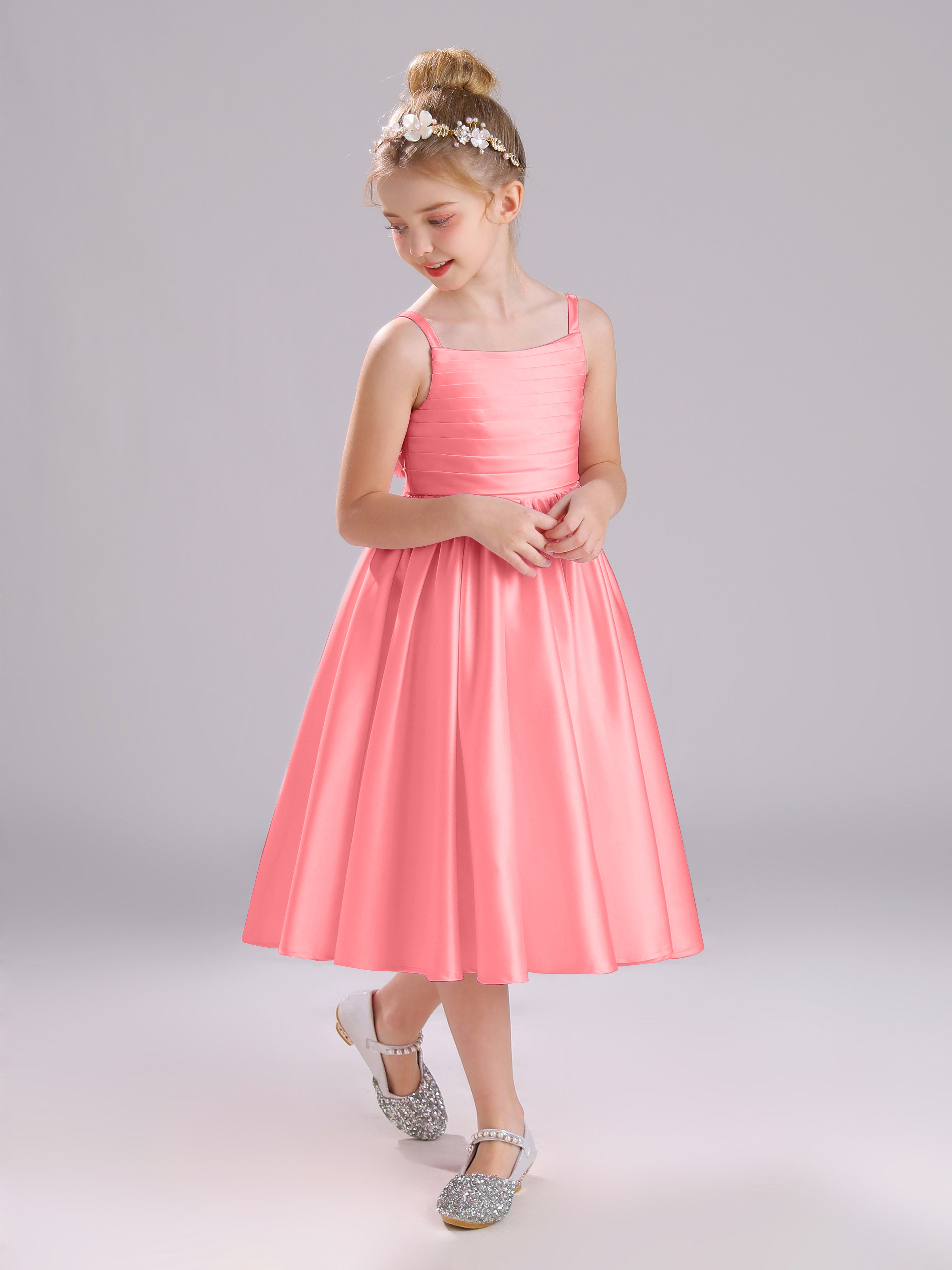 A-Line Princess Sleeves Knee Length Satin Flower Girl Dress with Bowknot