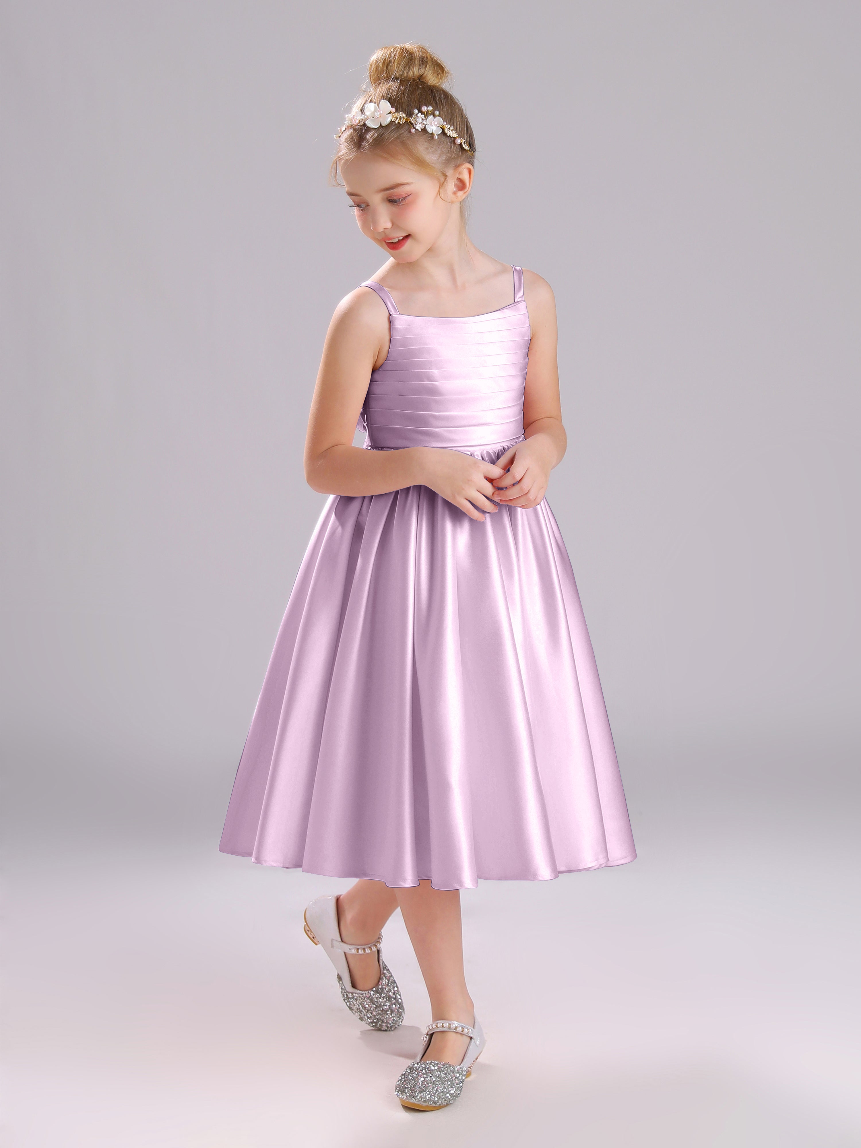 A-Line Princess Sleeves Knee Length Satin Flower Girl Dress with Bowknot