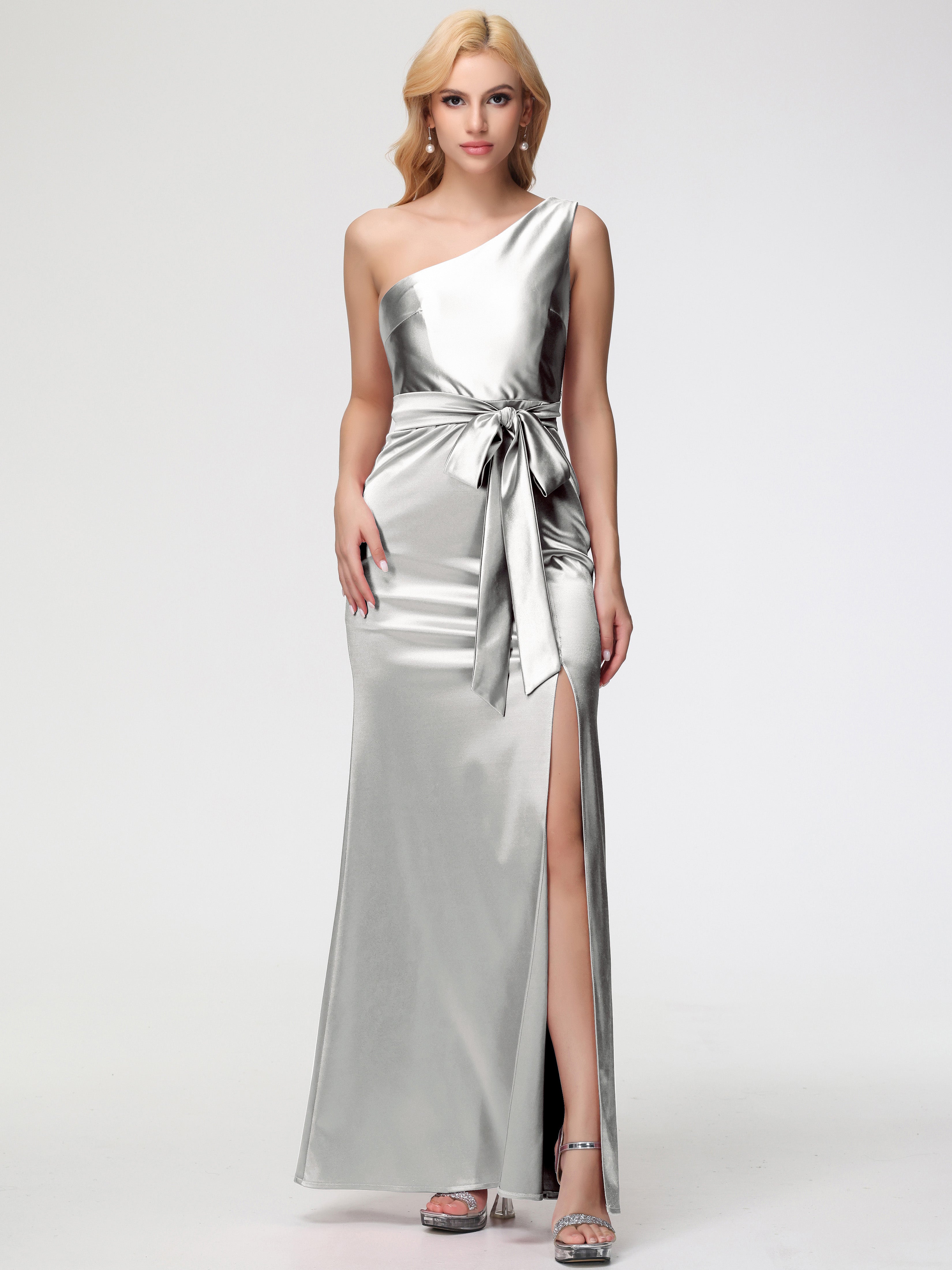 Bridesmaid Dresses Silver One Shoulder Trumpet/Mermaid Sleeveless Pleats Stretch Satin Bridesmaid Dresses