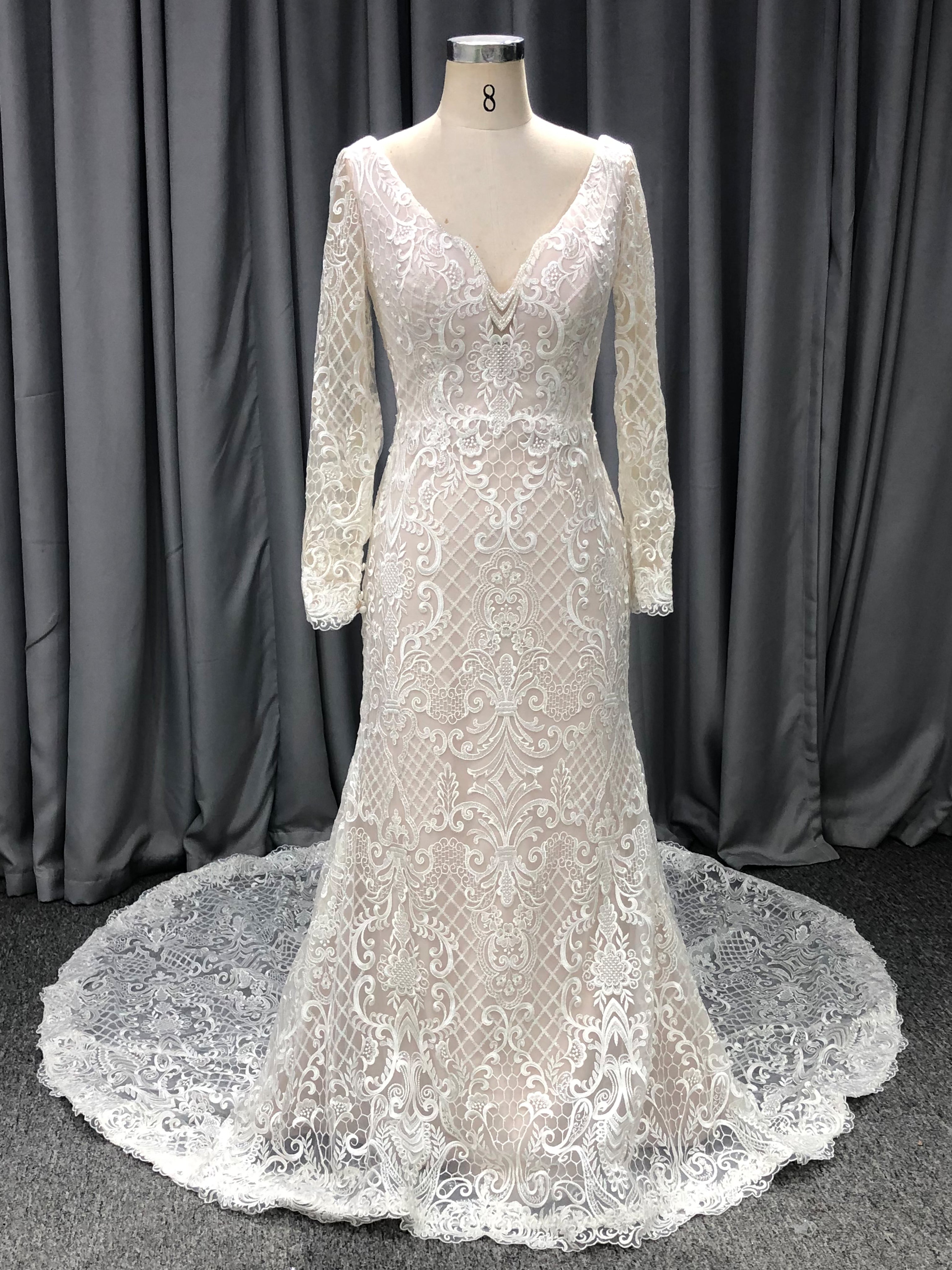 V-Neck Long Sleeves Lace Bodice Wedding Dress