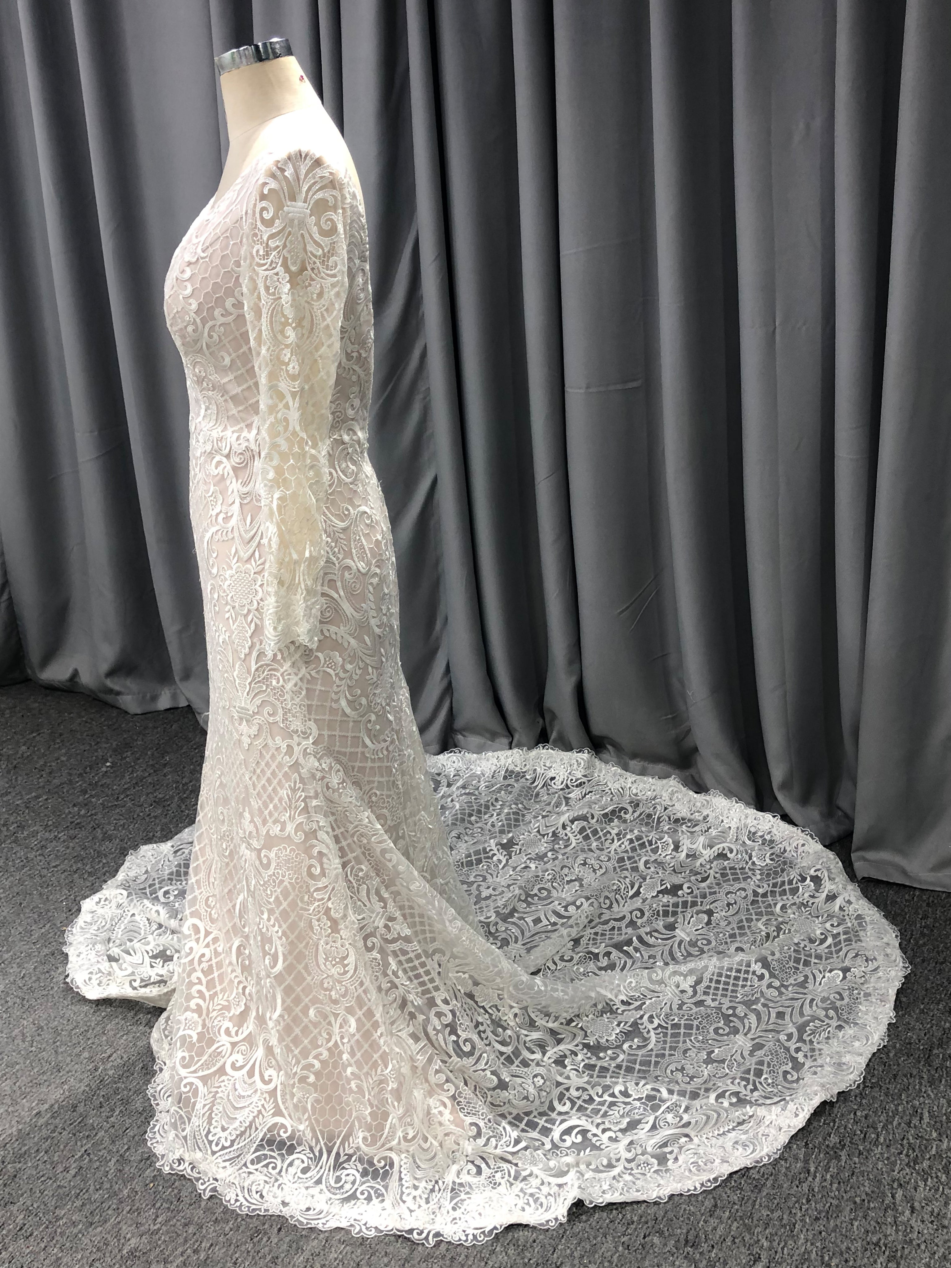 V-Neck Long Sleeves Lace Bodice Wedding Dress