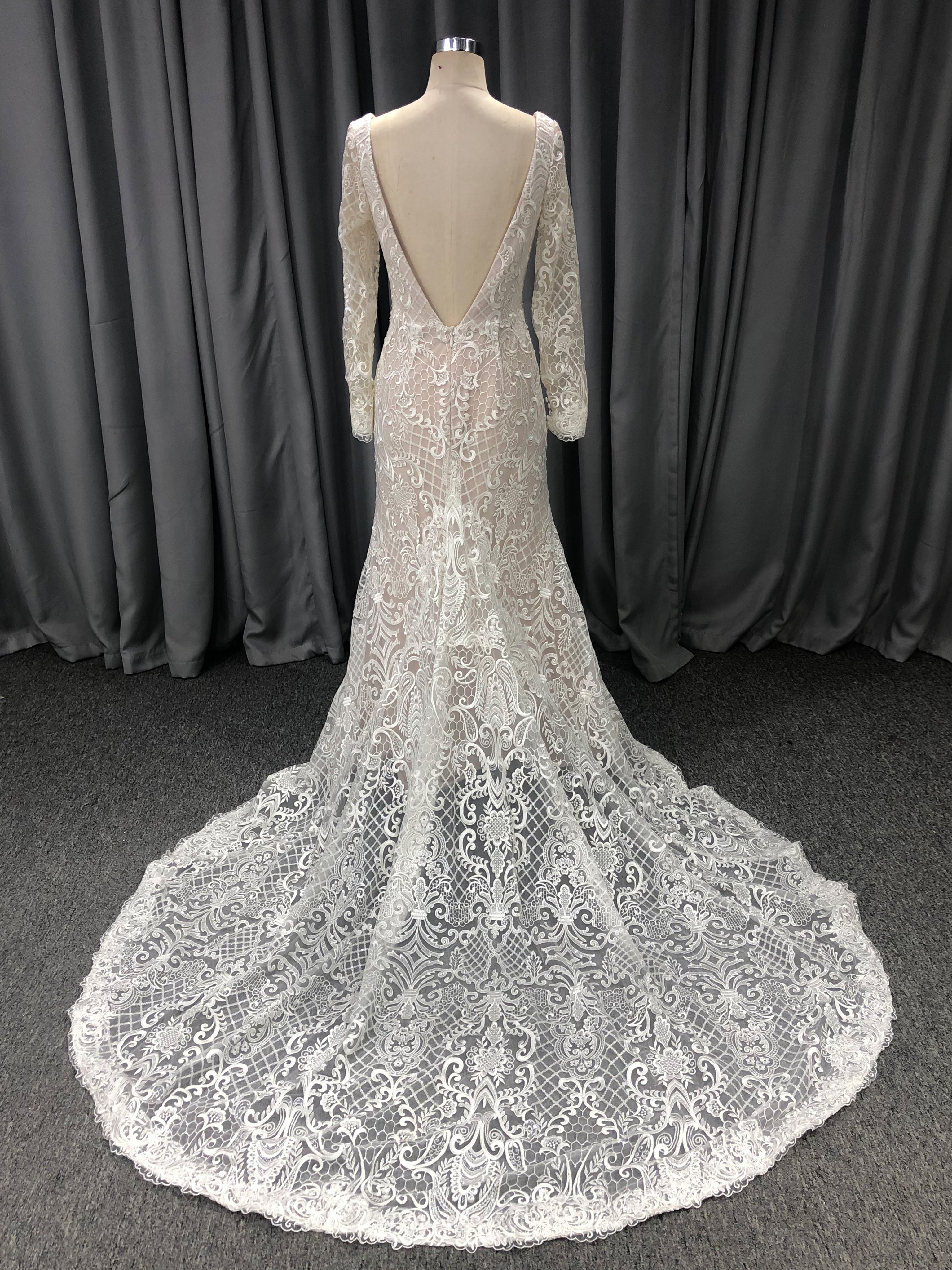 V-Neck Long Sleeves Lace Bodice Wedding Dress