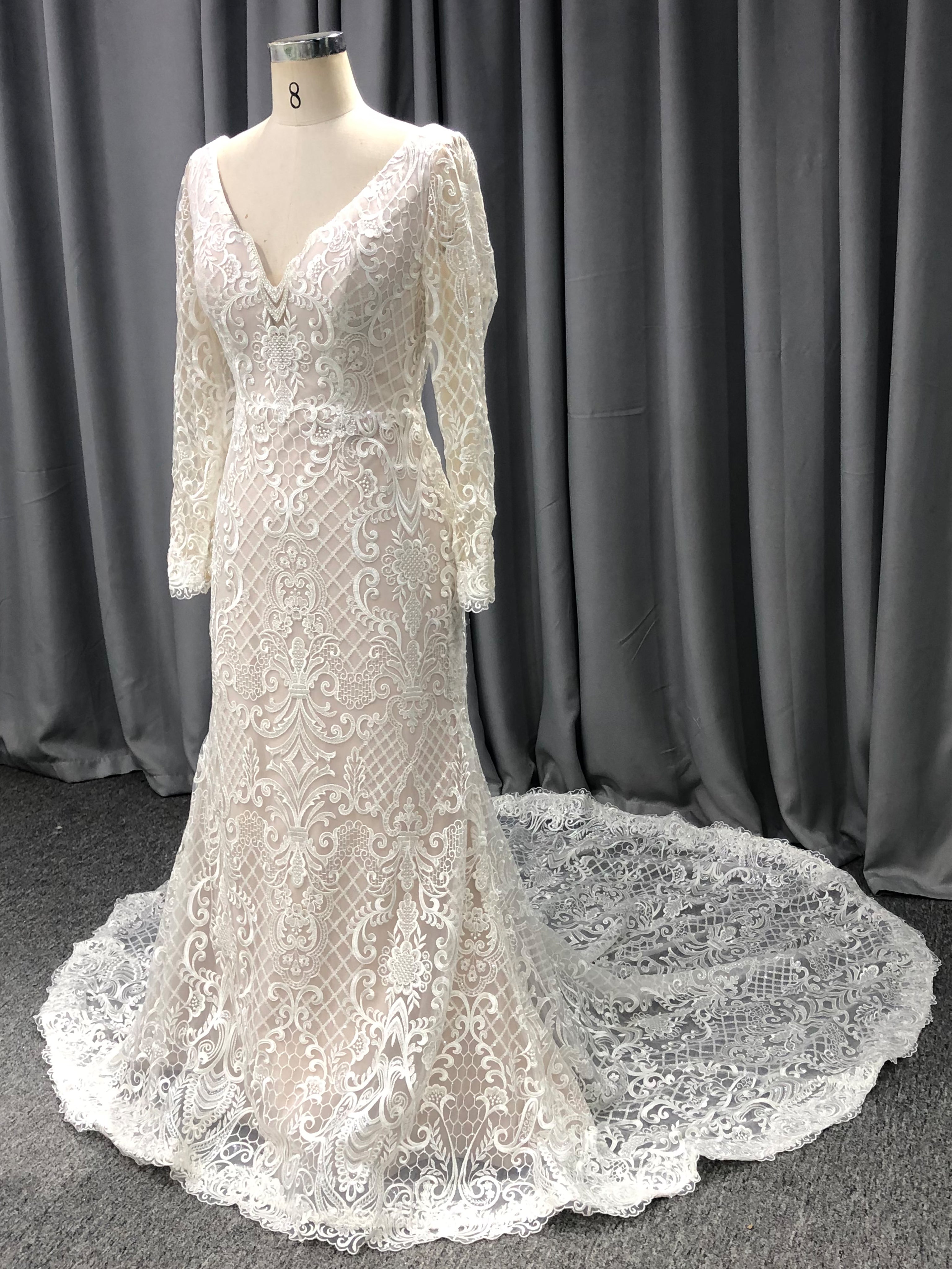 V-Neck Long Sleeves Lace Bodice Wedding Dress