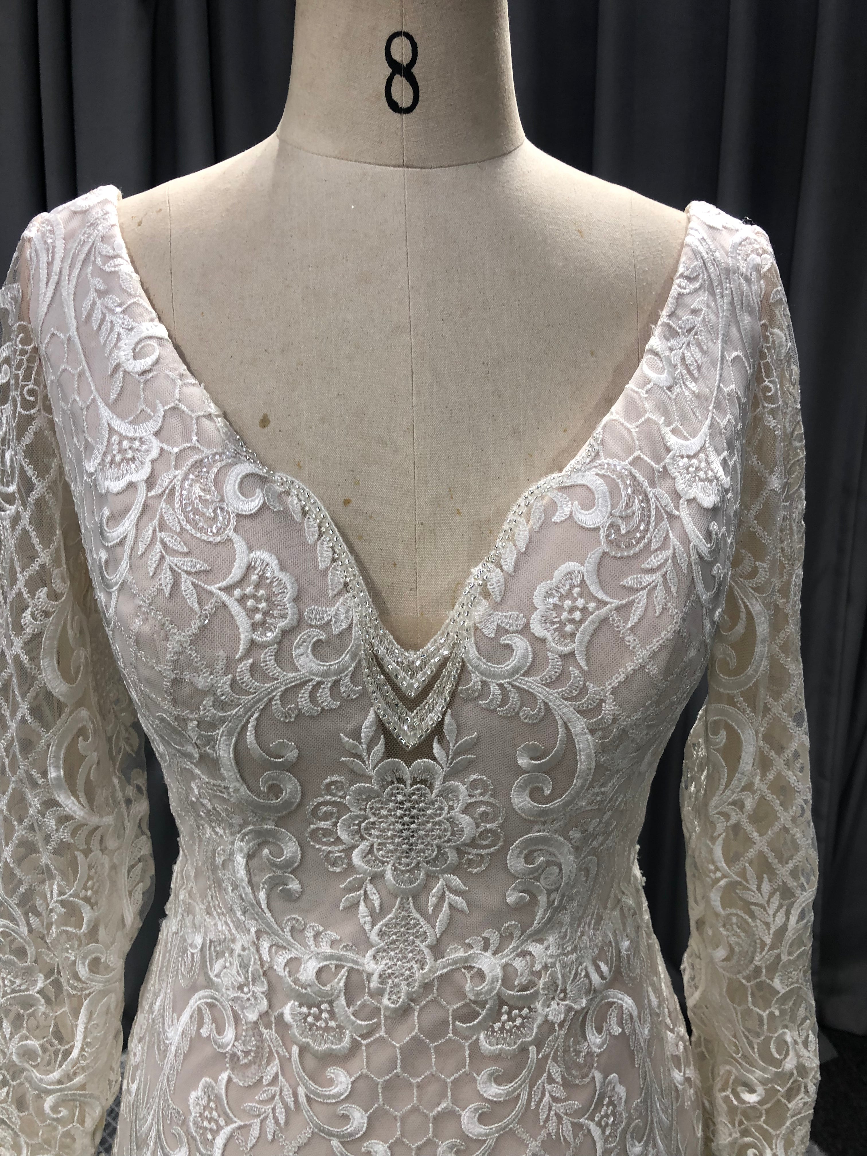 V-Neck Long Sleeves Lace Bodice Wedding Dress