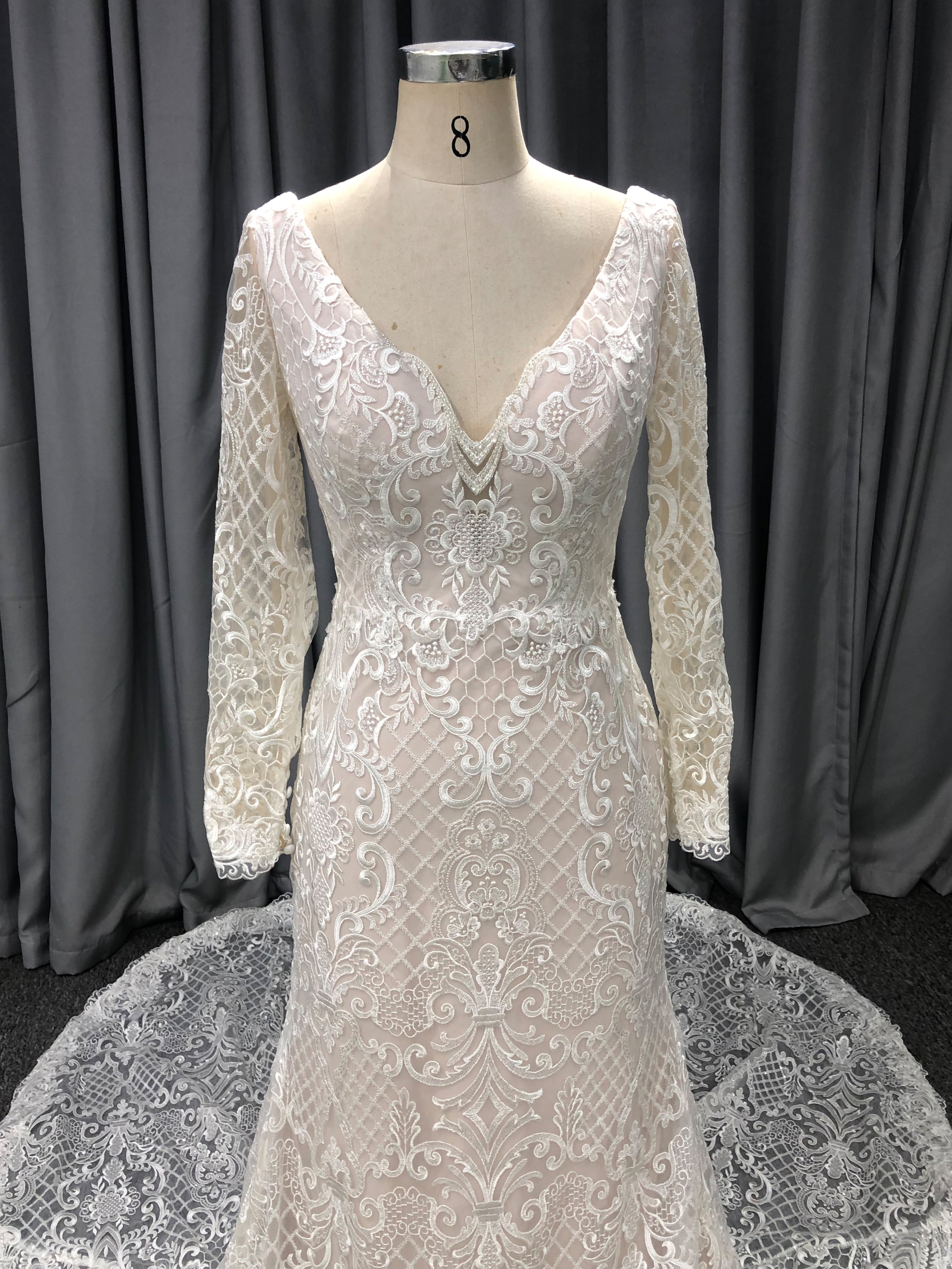 V-Neck Long Sleeves Lace Bodice Wedding Dress