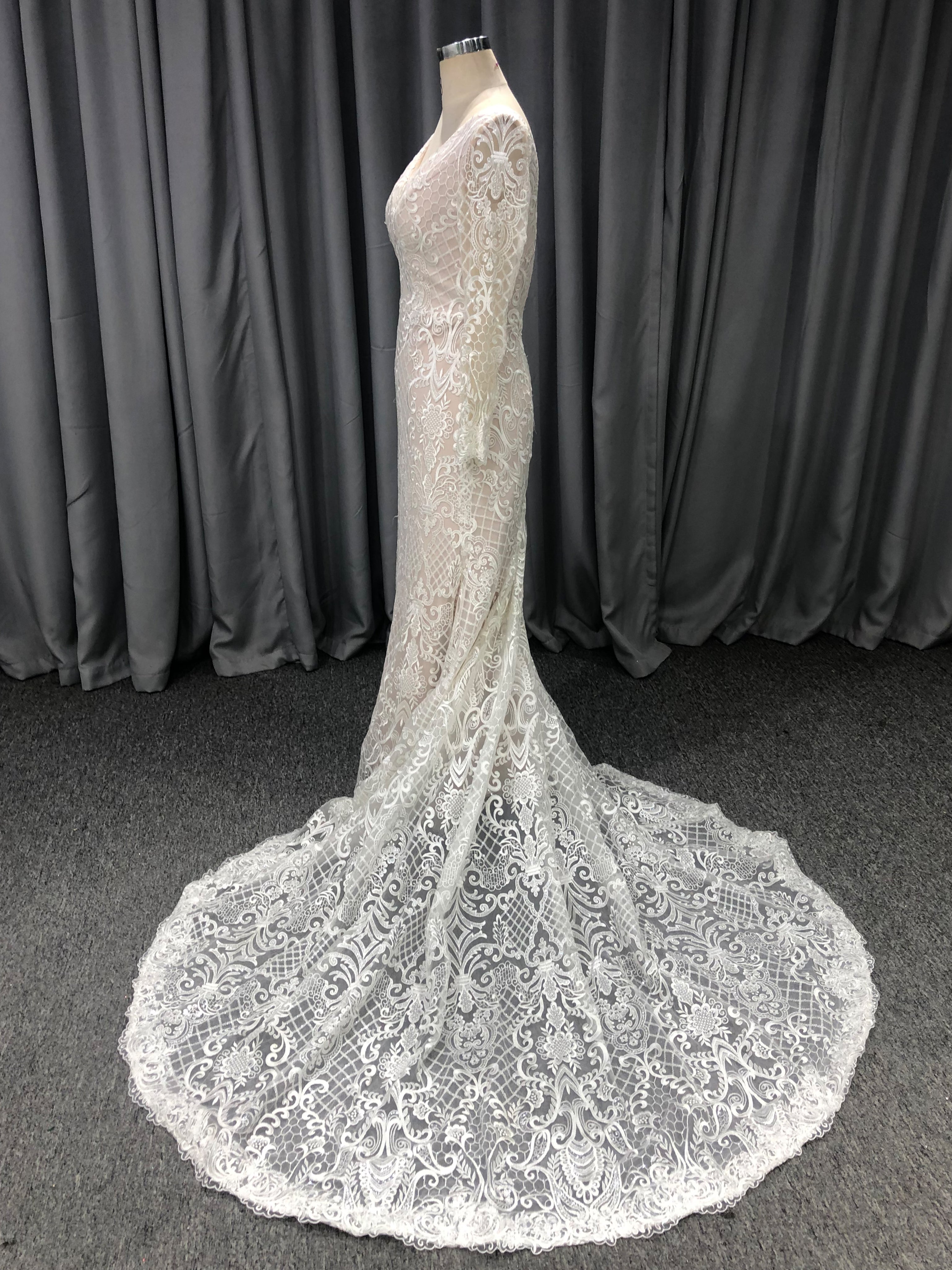 V-Neck Long Sleeves Lace Bodice Wedding Dress