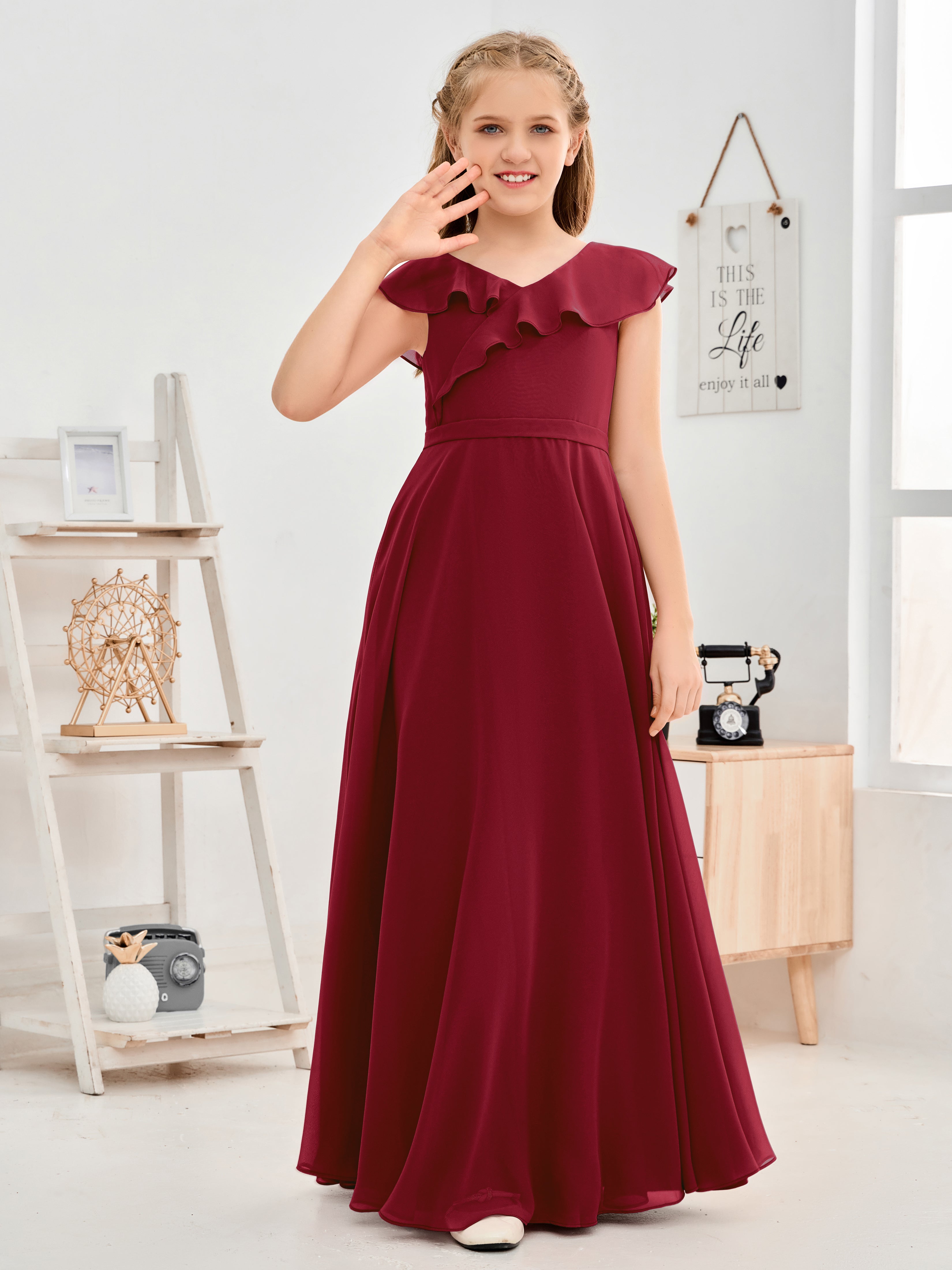 Wavy V-neck Chiffon Junior Bridesmaid Dress