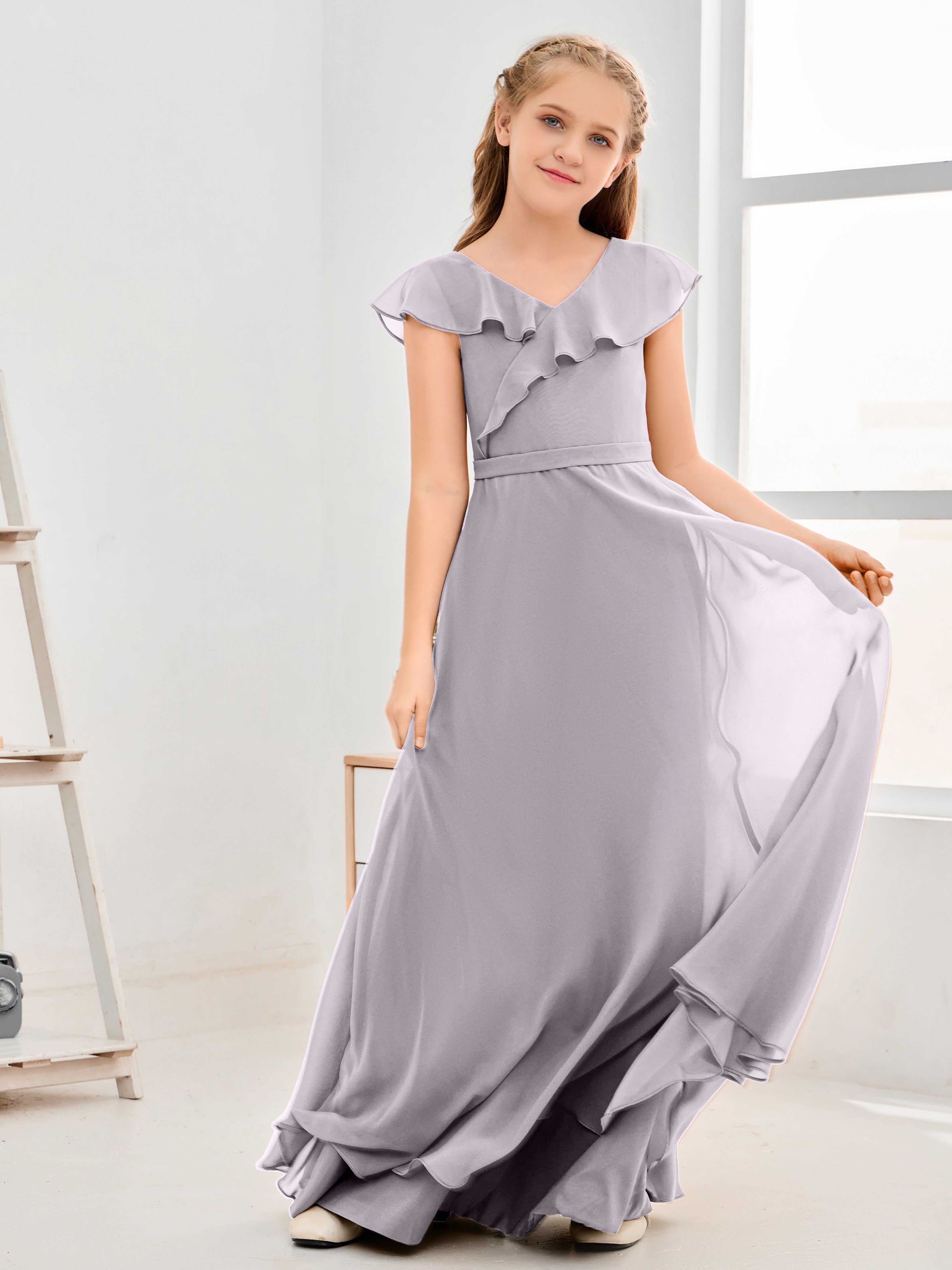 Wavy V-neck Chiffon Junior Bridesmaid Dress