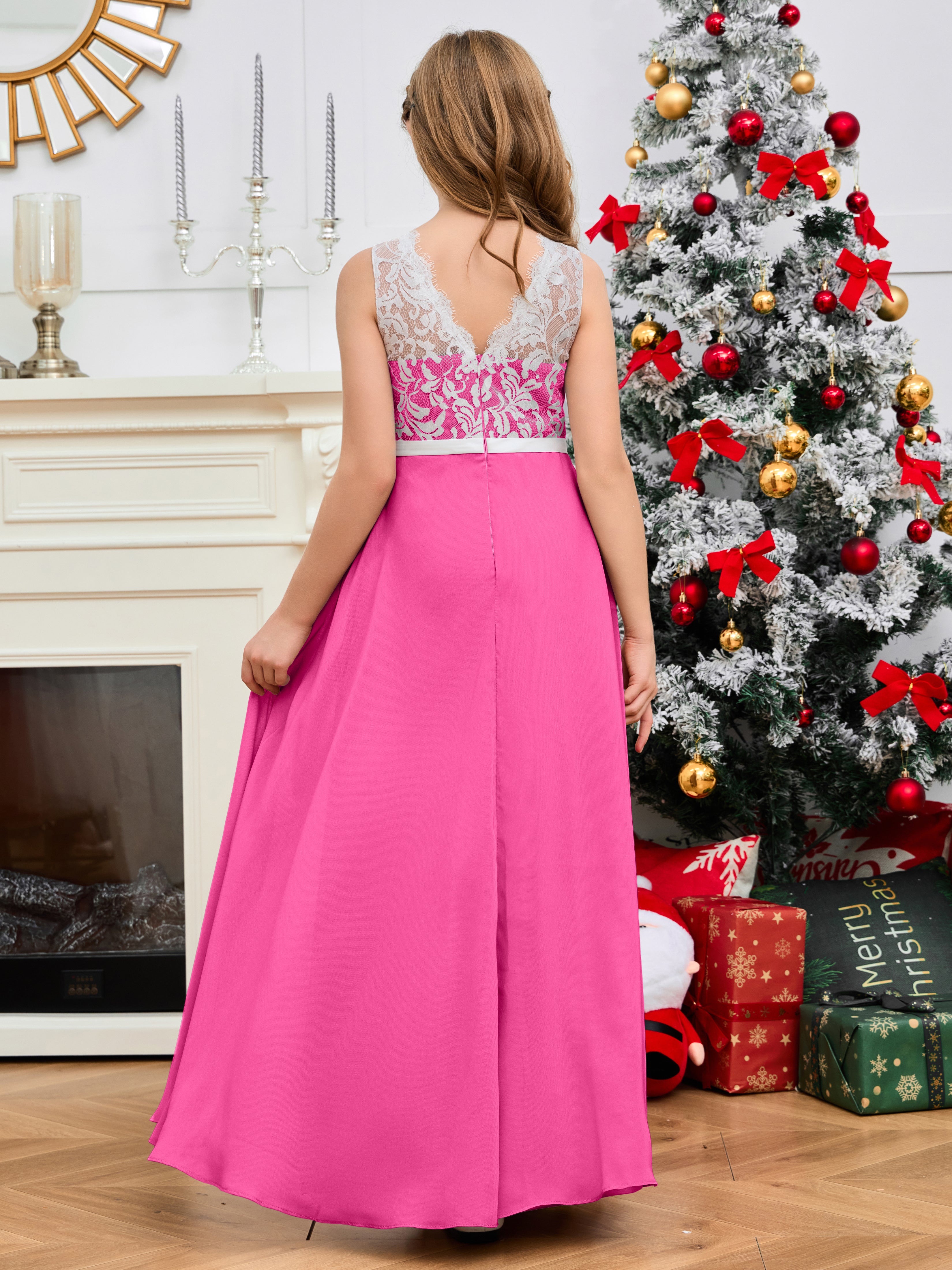 A Line V Back Chiffon Lace Junior Bridesmaid Dress