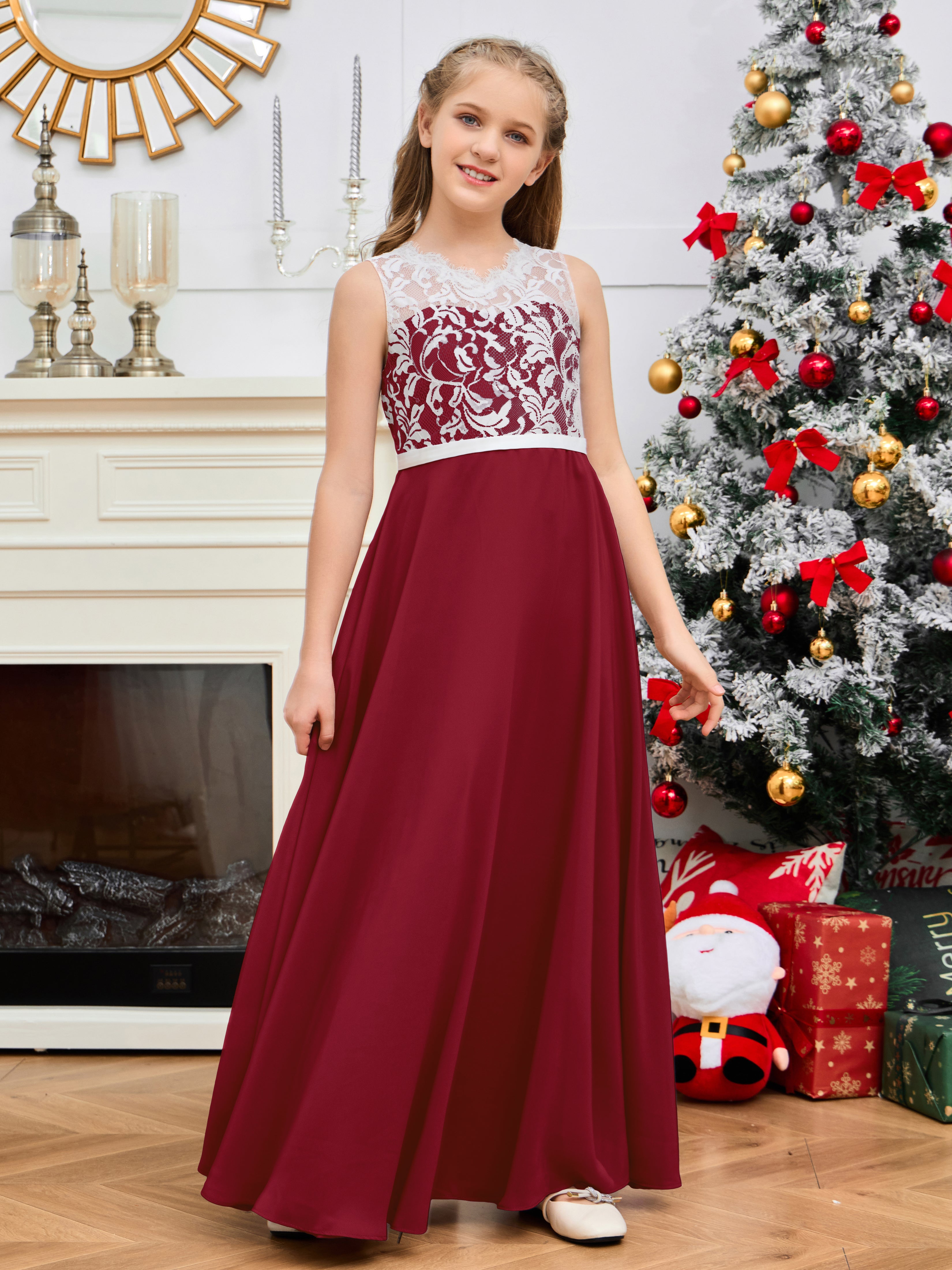 A Line V Back Chiffon Lace Junior Bridesmaid Dress Burgundy