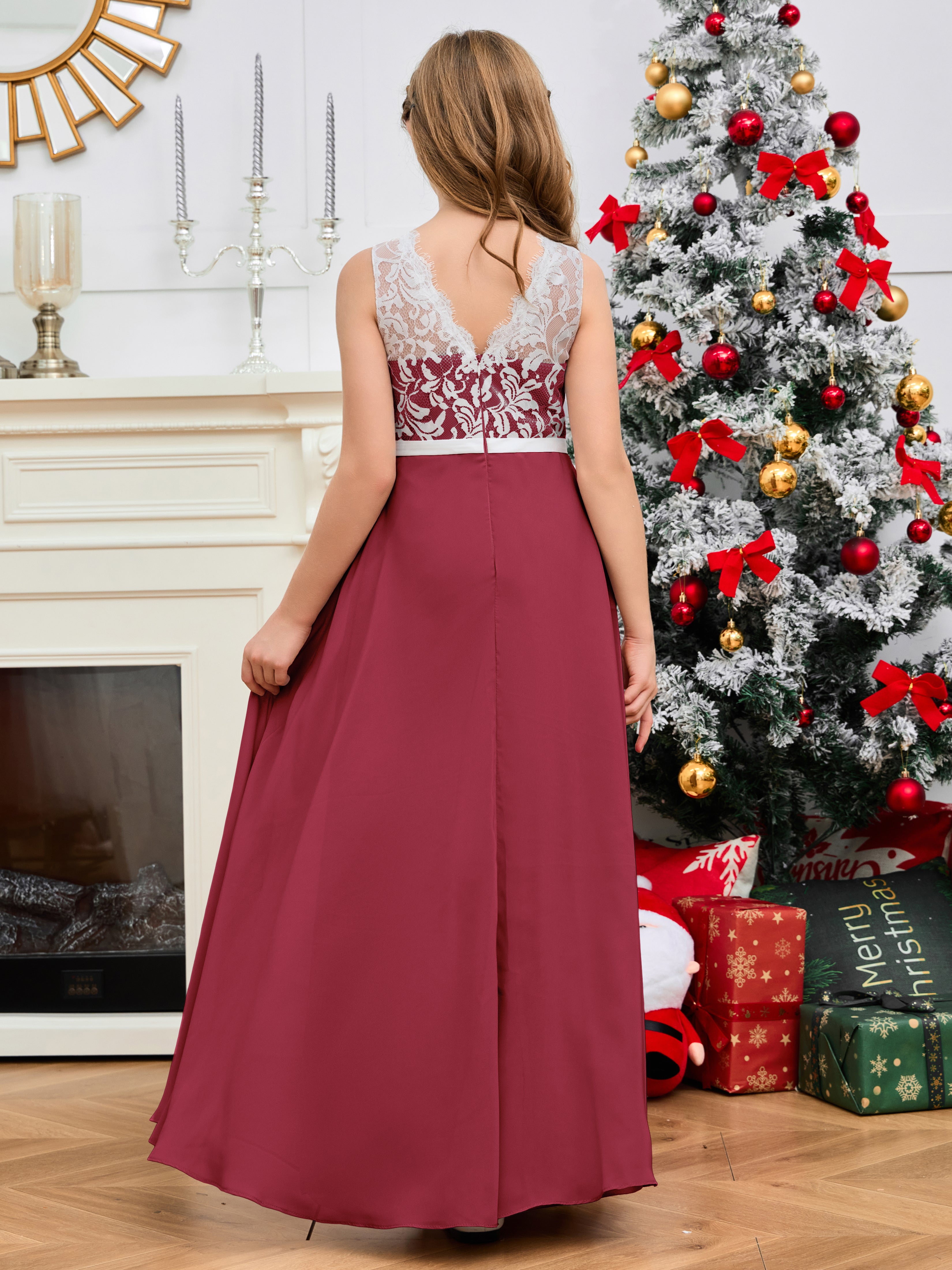 A Line V Back Chiffon Lace Junior Bridesmaid Dress