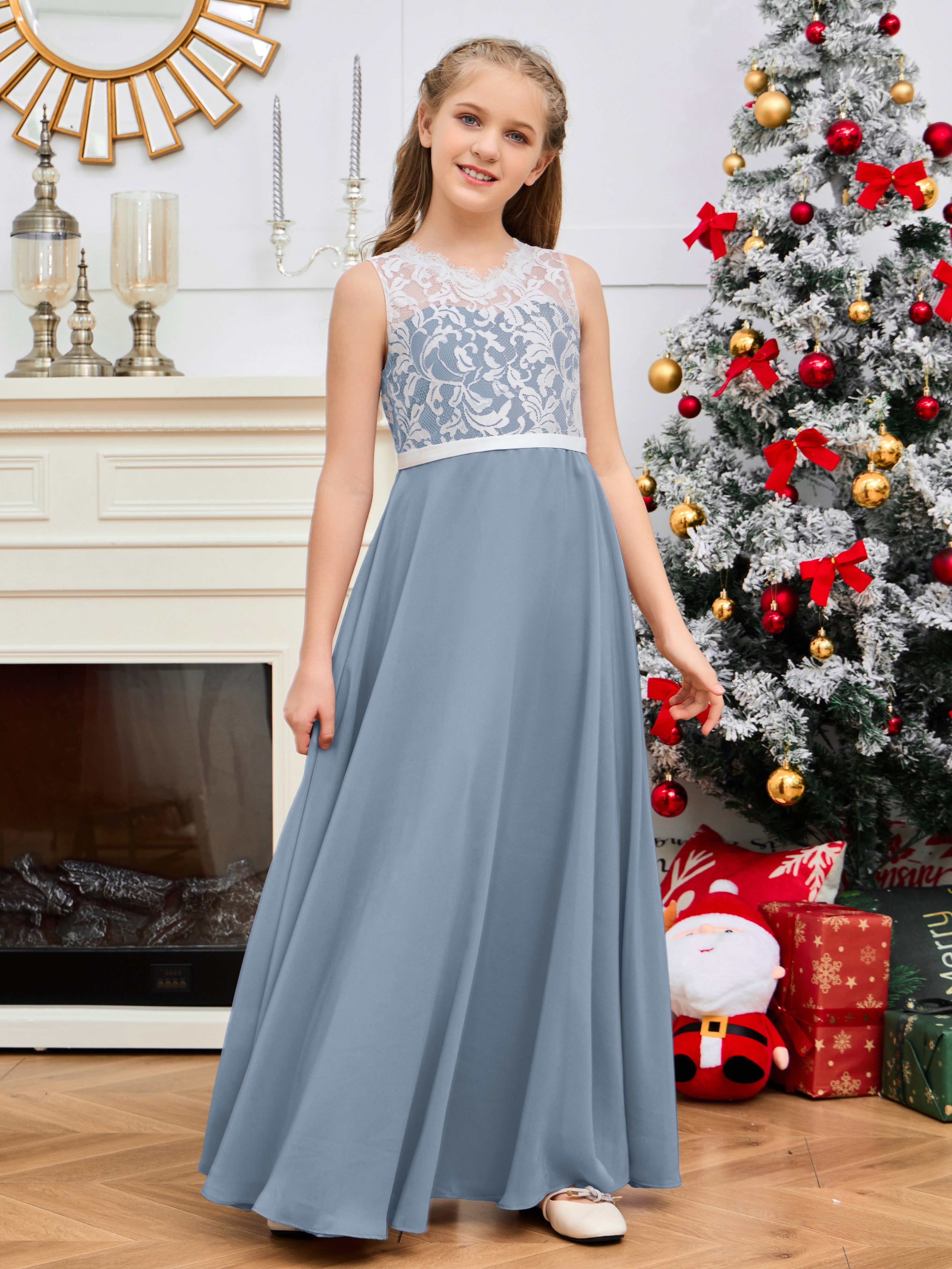 A Line V Back Chiffon Lace Junior Bridesmaid Dress