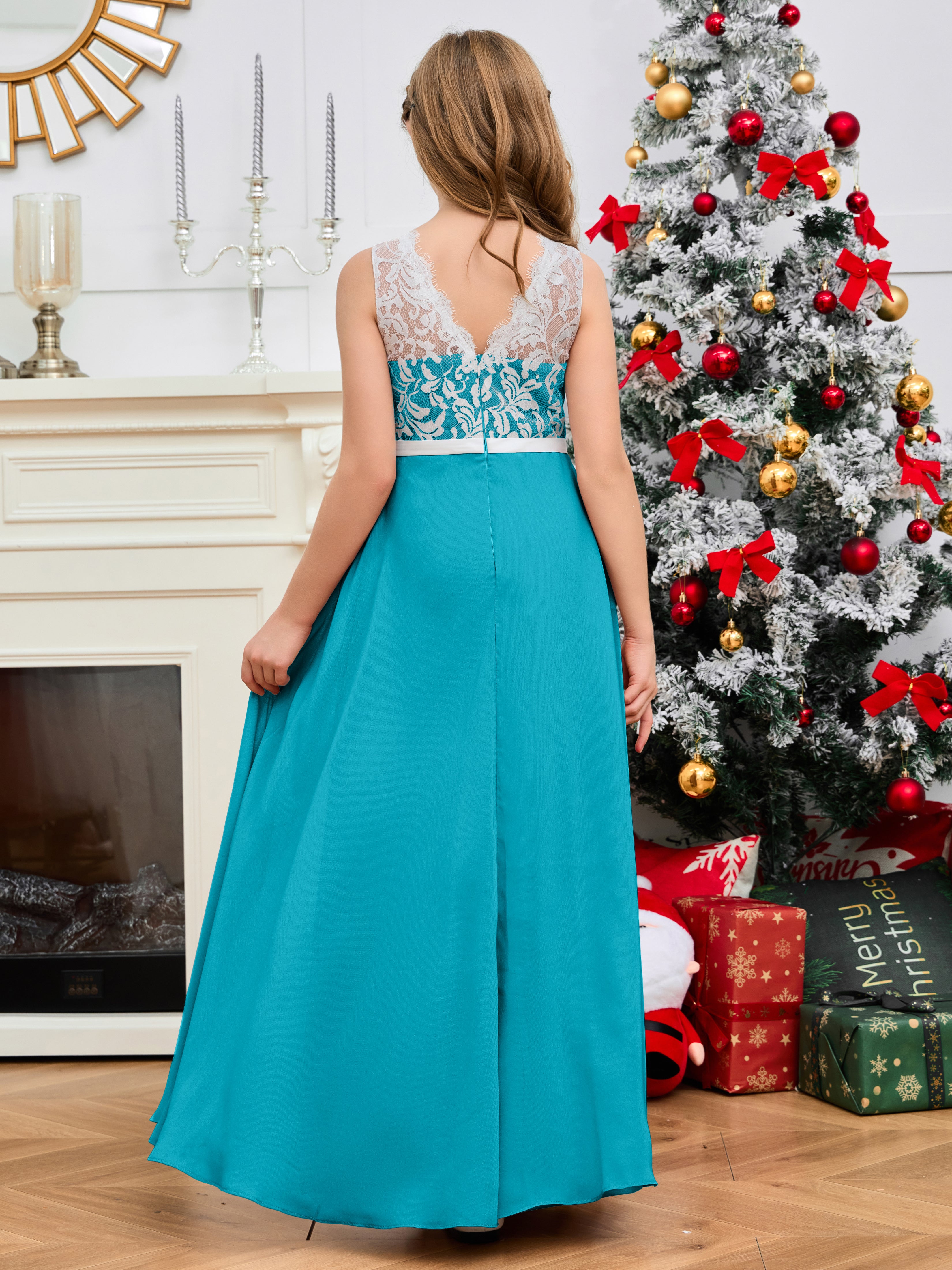 A Line V Back Chiffon Lace Junior Bridesmaid Dress