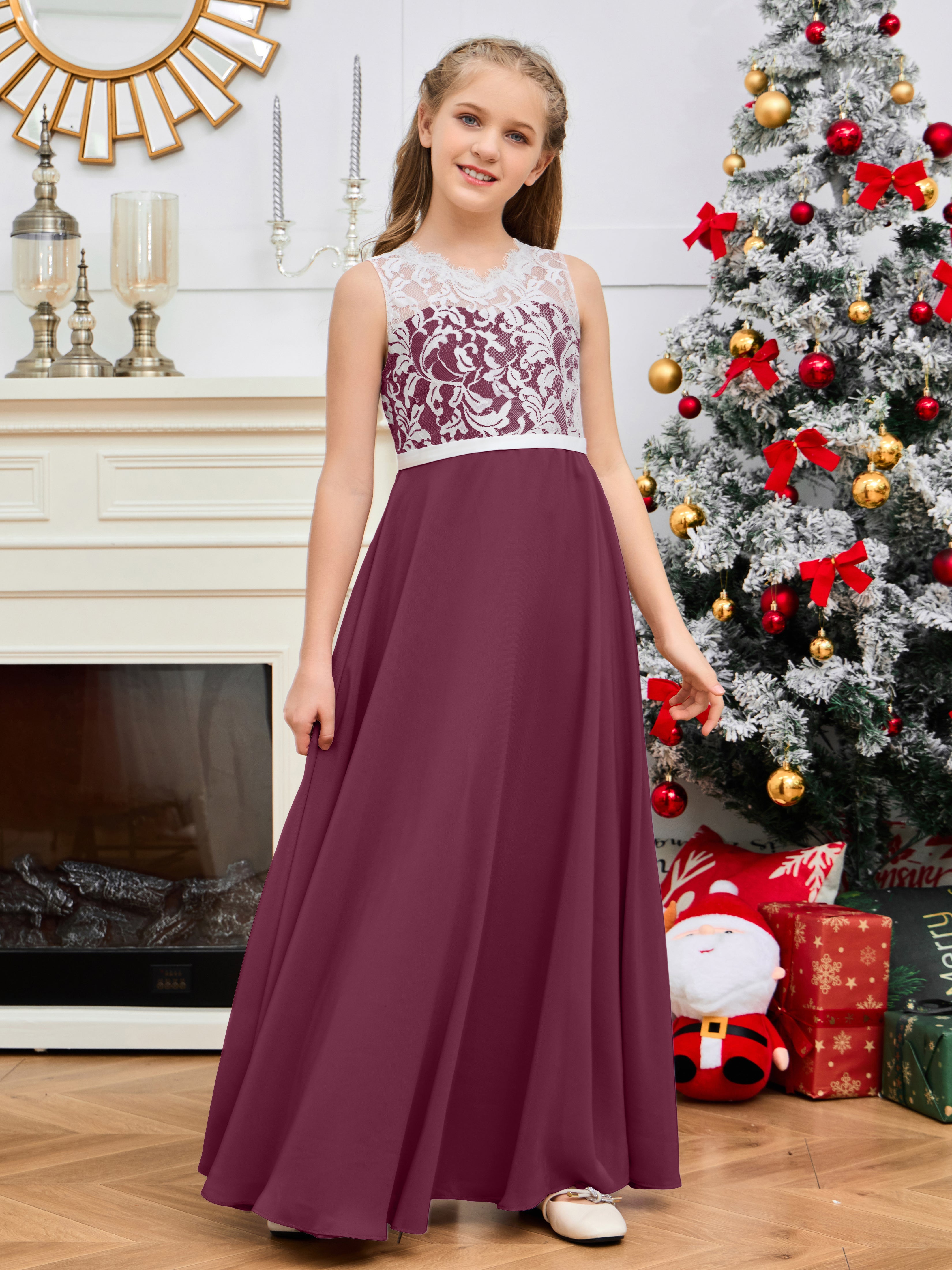 A Line V Back Chiffon Lace Junior Bridesmaid Dress