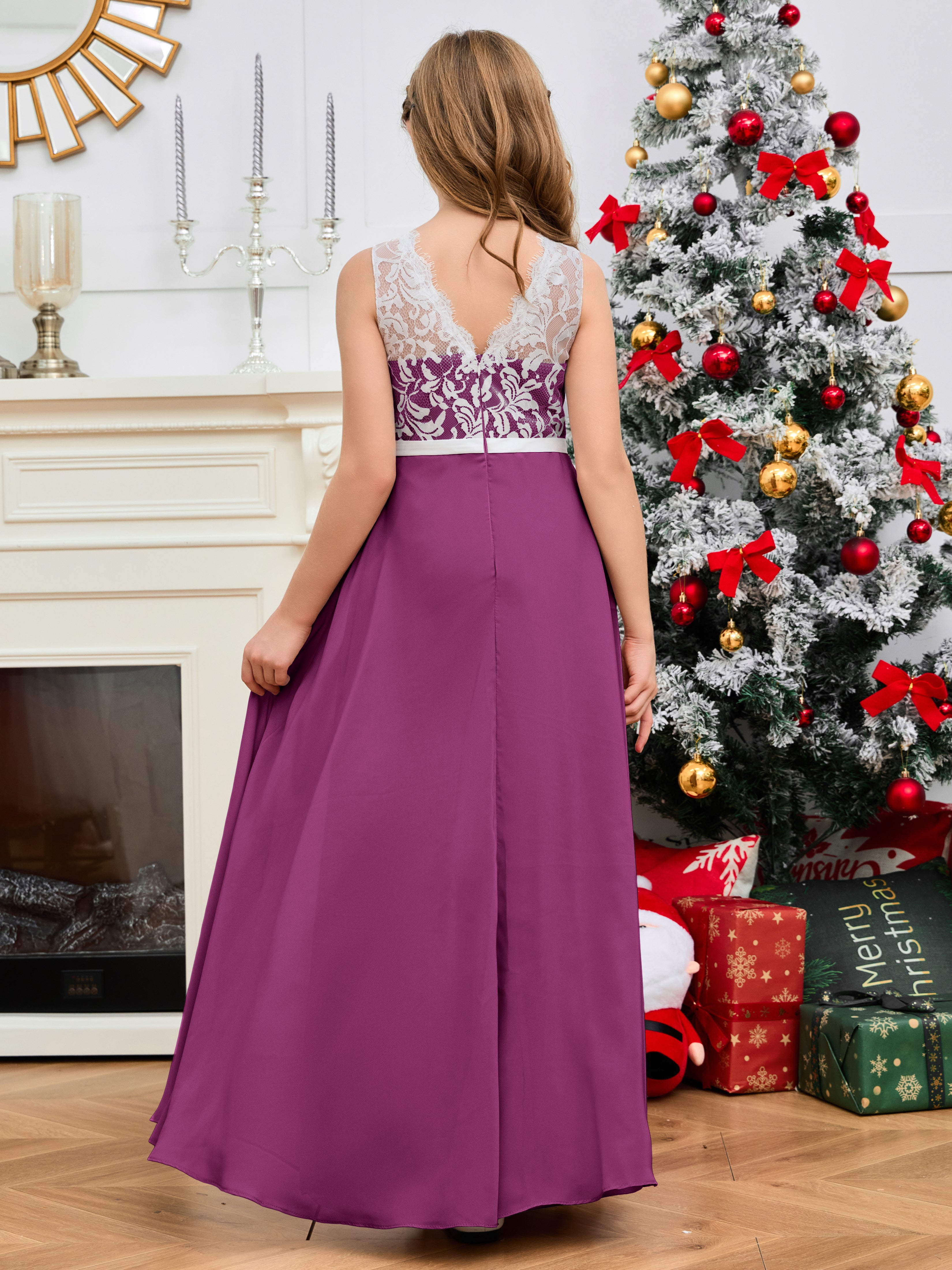 A Line V Back Chiffon Lace Junior Bridesmaid Dress