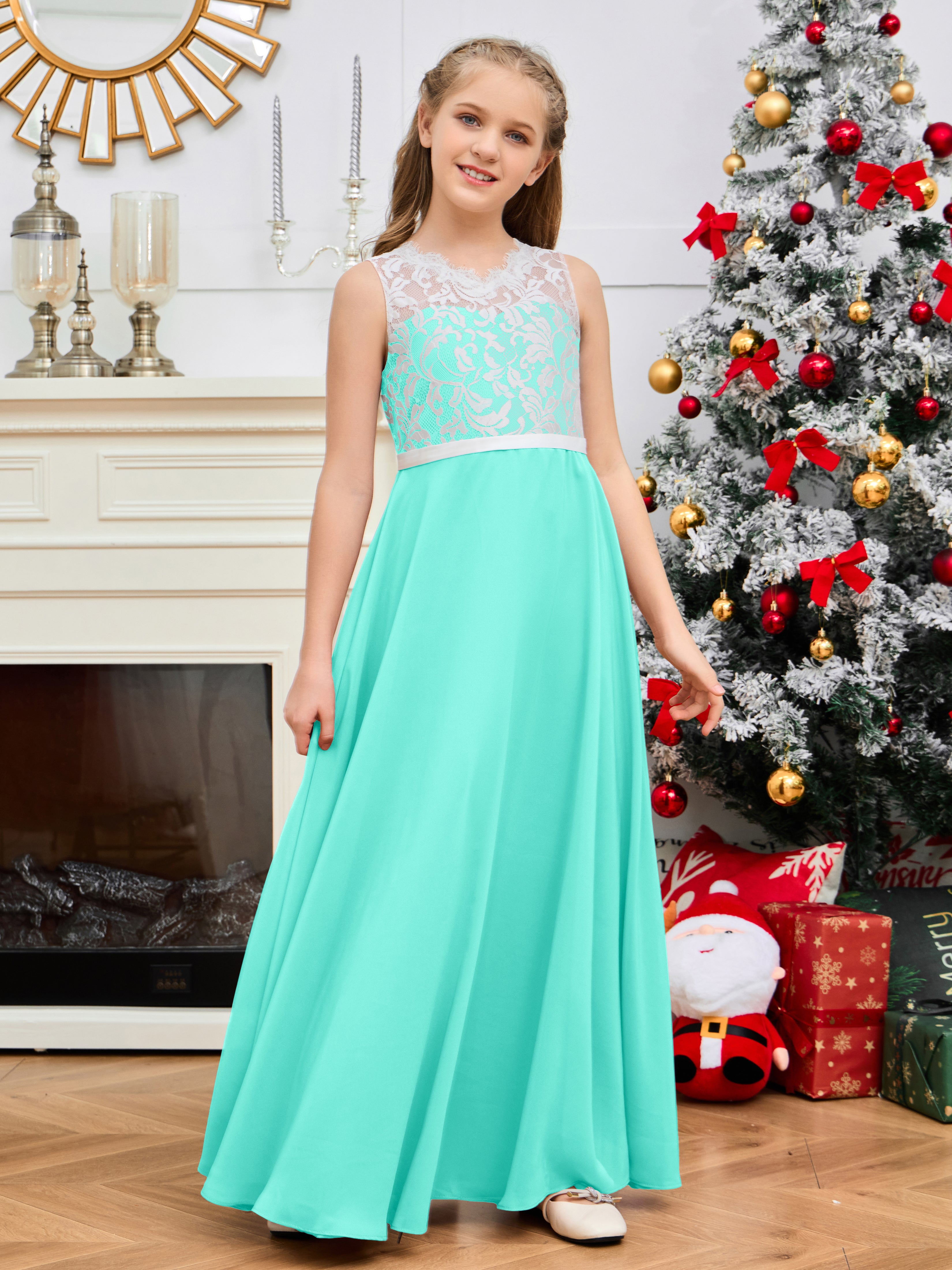 A Line V Back Chiffon Lace Junior Bridesmaid Dress