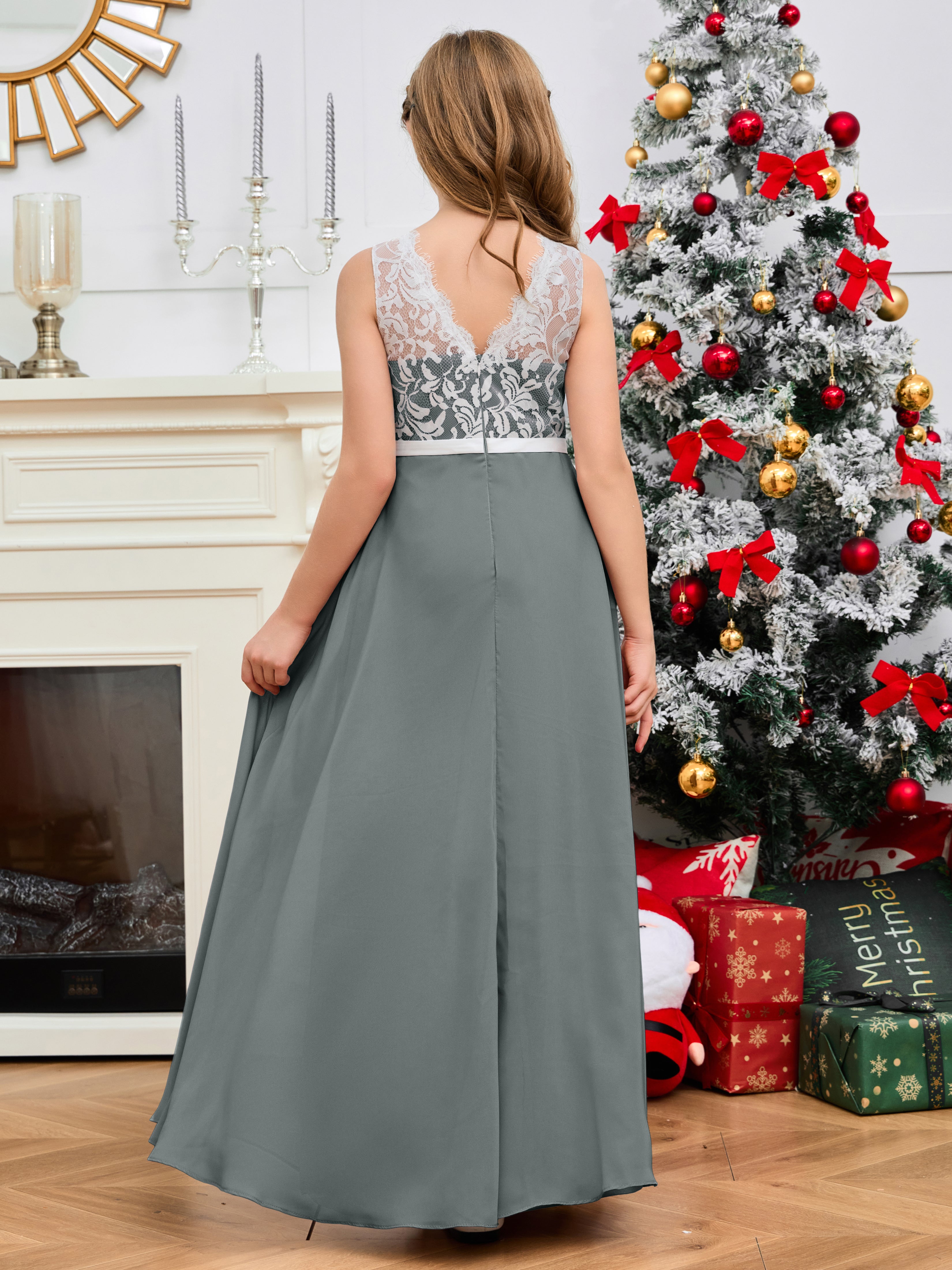 A Line V Back Chiffon Lace Junior Bridesmaid Dress