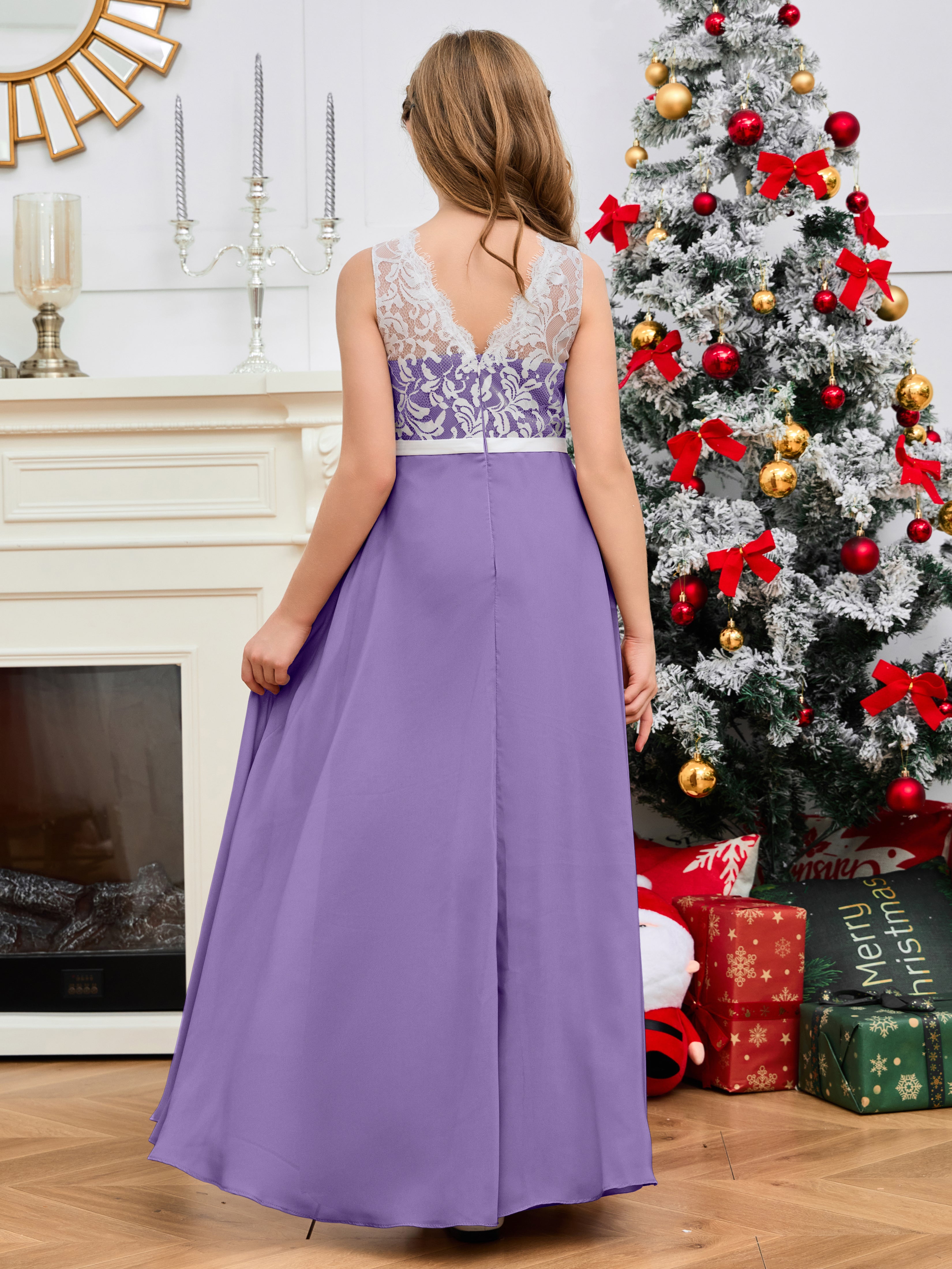 A Line V Back Chiffon Lace Junior Bridesmaid Dress